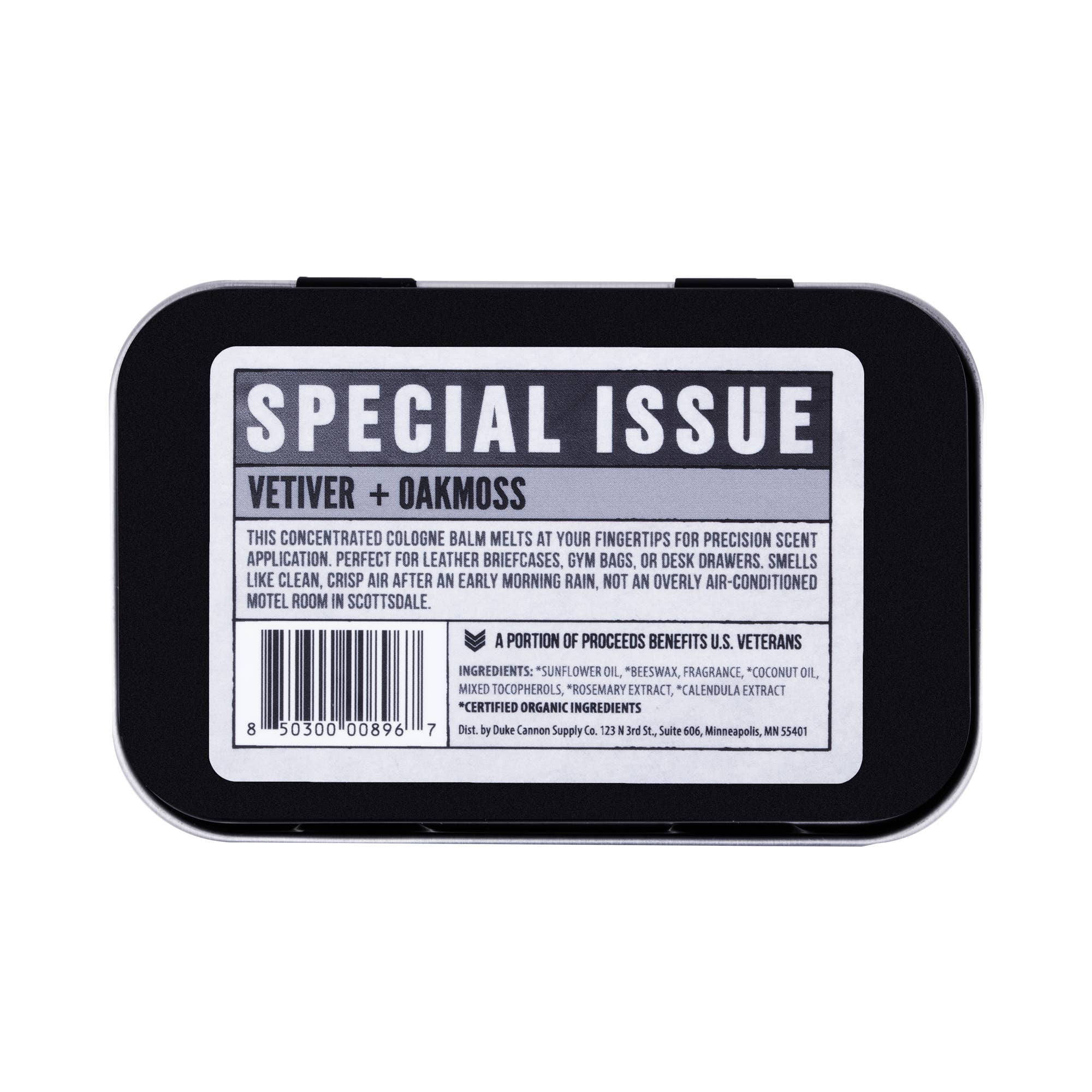 Solid Cologne Vetiver and Oakmoss open tin detail
