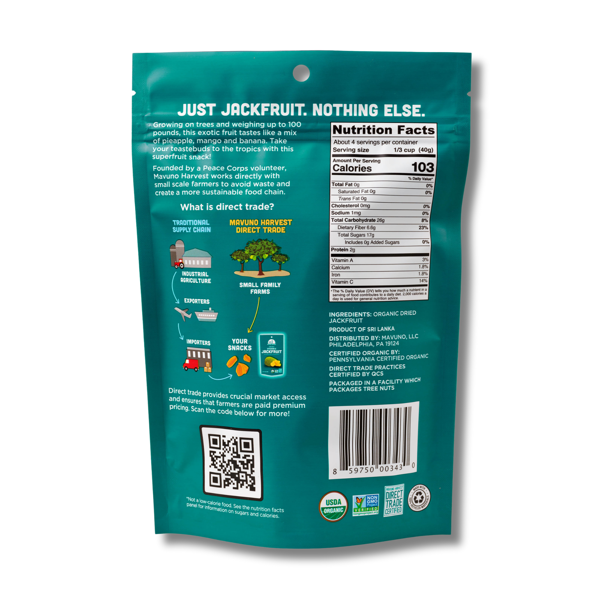 Organic dried jackfruit package back details