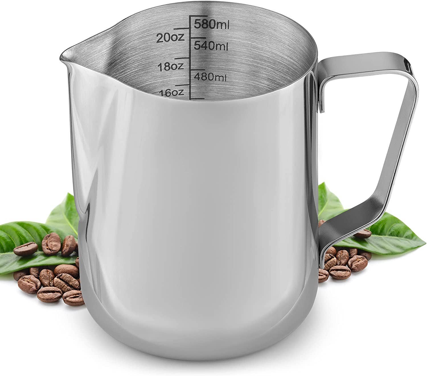 Stainless steel frothing pitcher lifestyle view