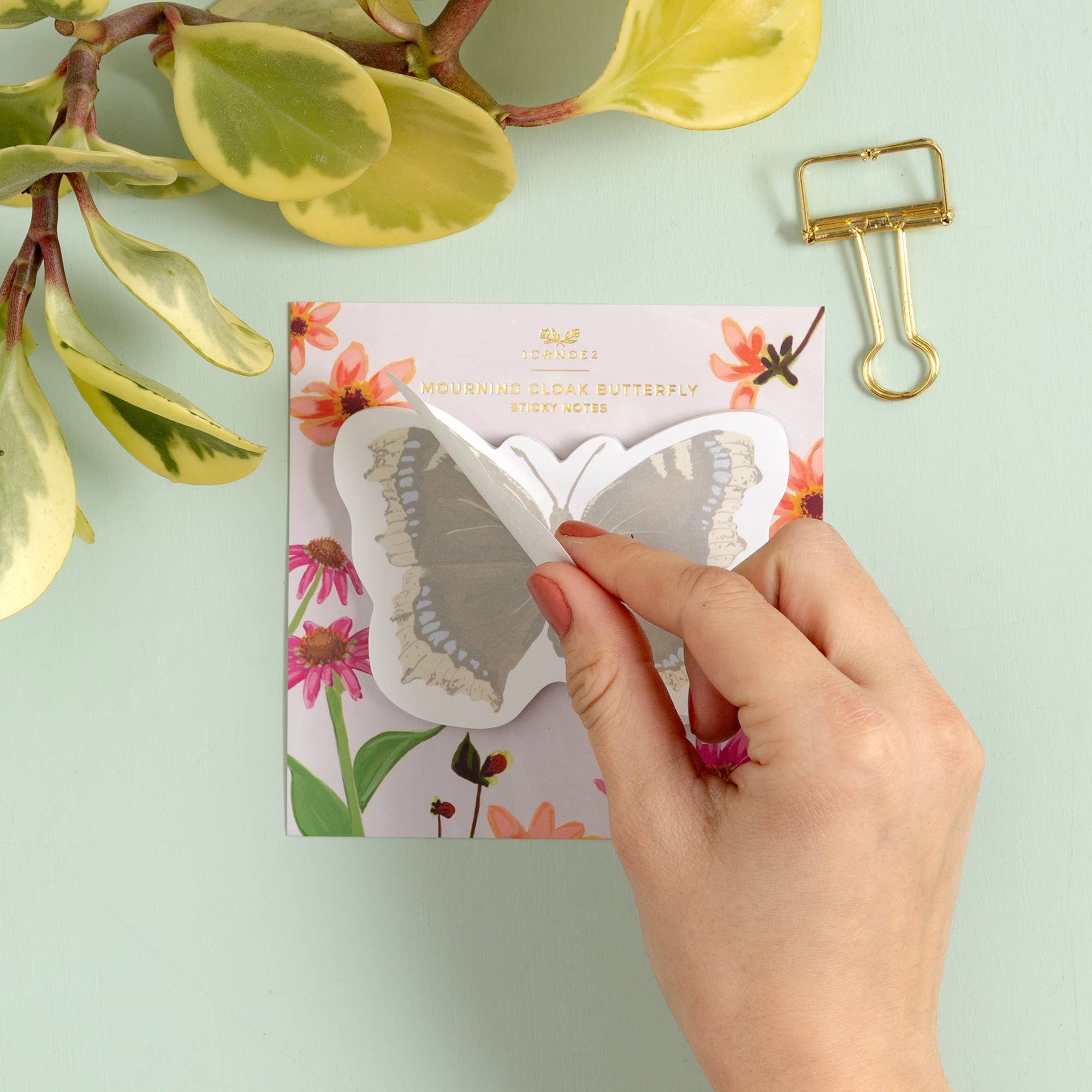 Mourning Cloak Butterfly Sticky Notes showing adhesive pages