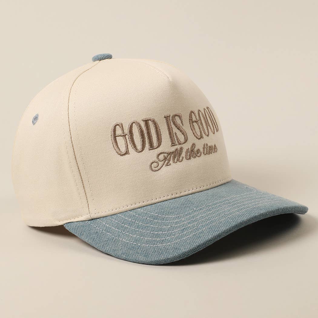 God Is Good All The Time embroidery trucker hat worn view