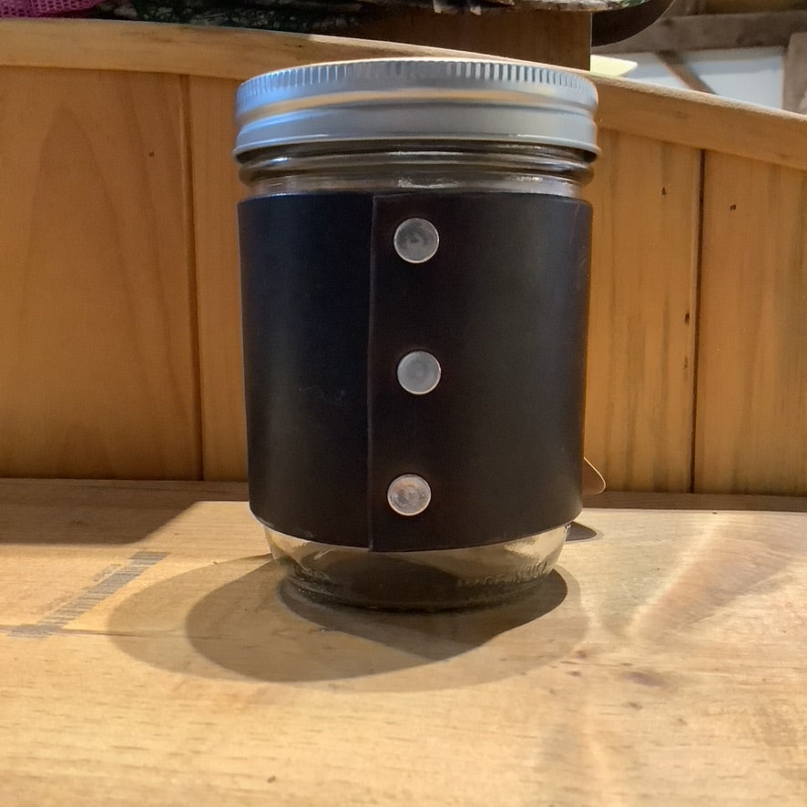 Heritage Leather wrapped Mason jar sleeve alternate view