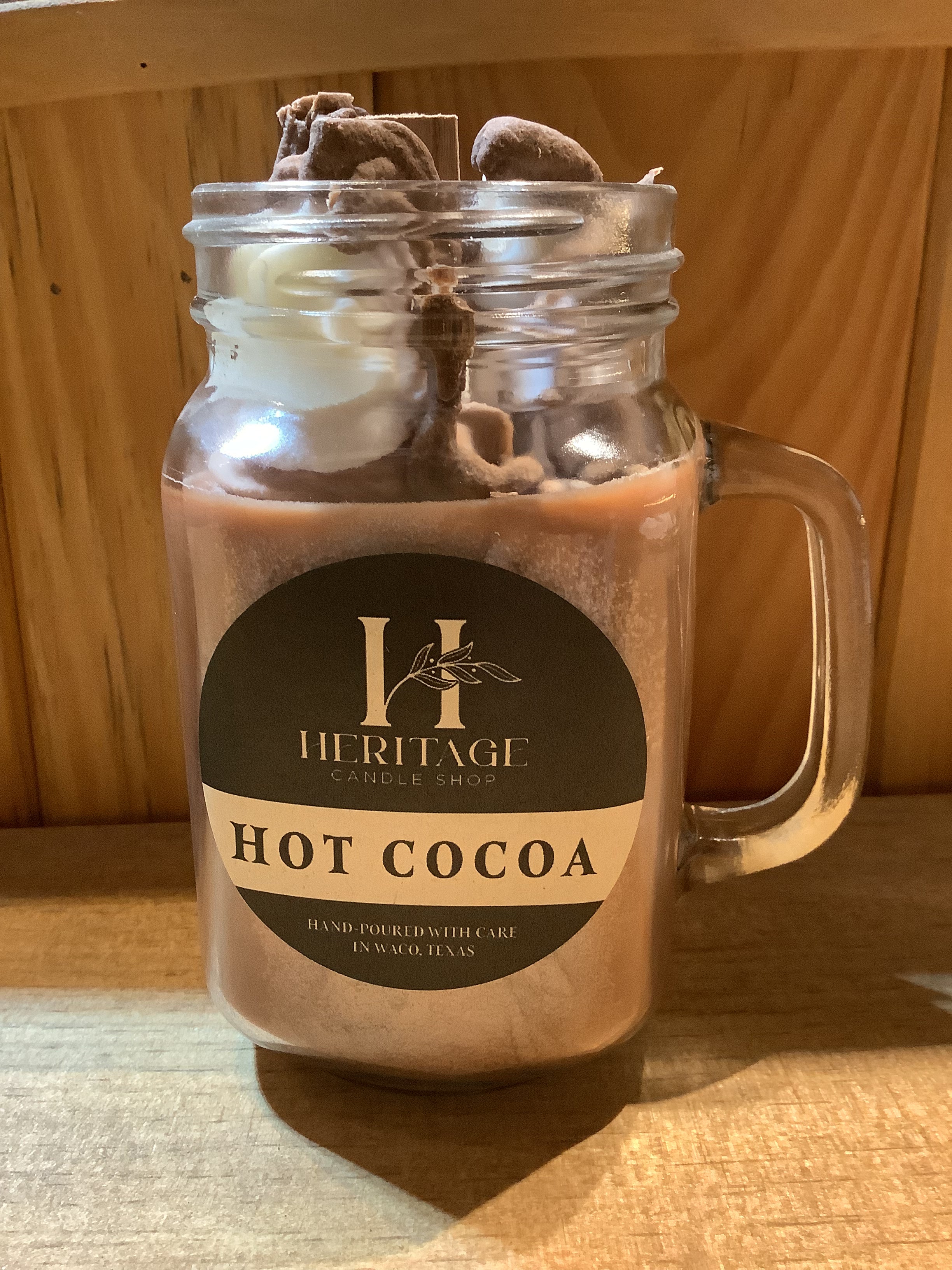 Heritage Candle Shop hot cocoa scented glass mug candle