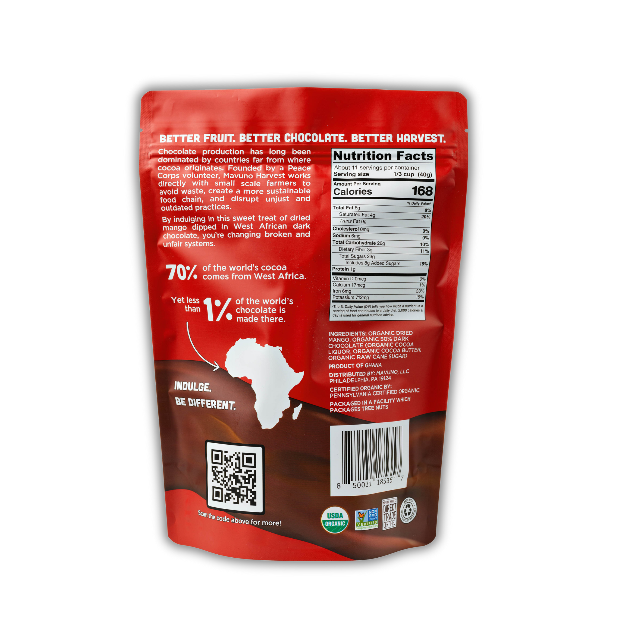 Organic dark chocolate dipped dried mango nutrition label