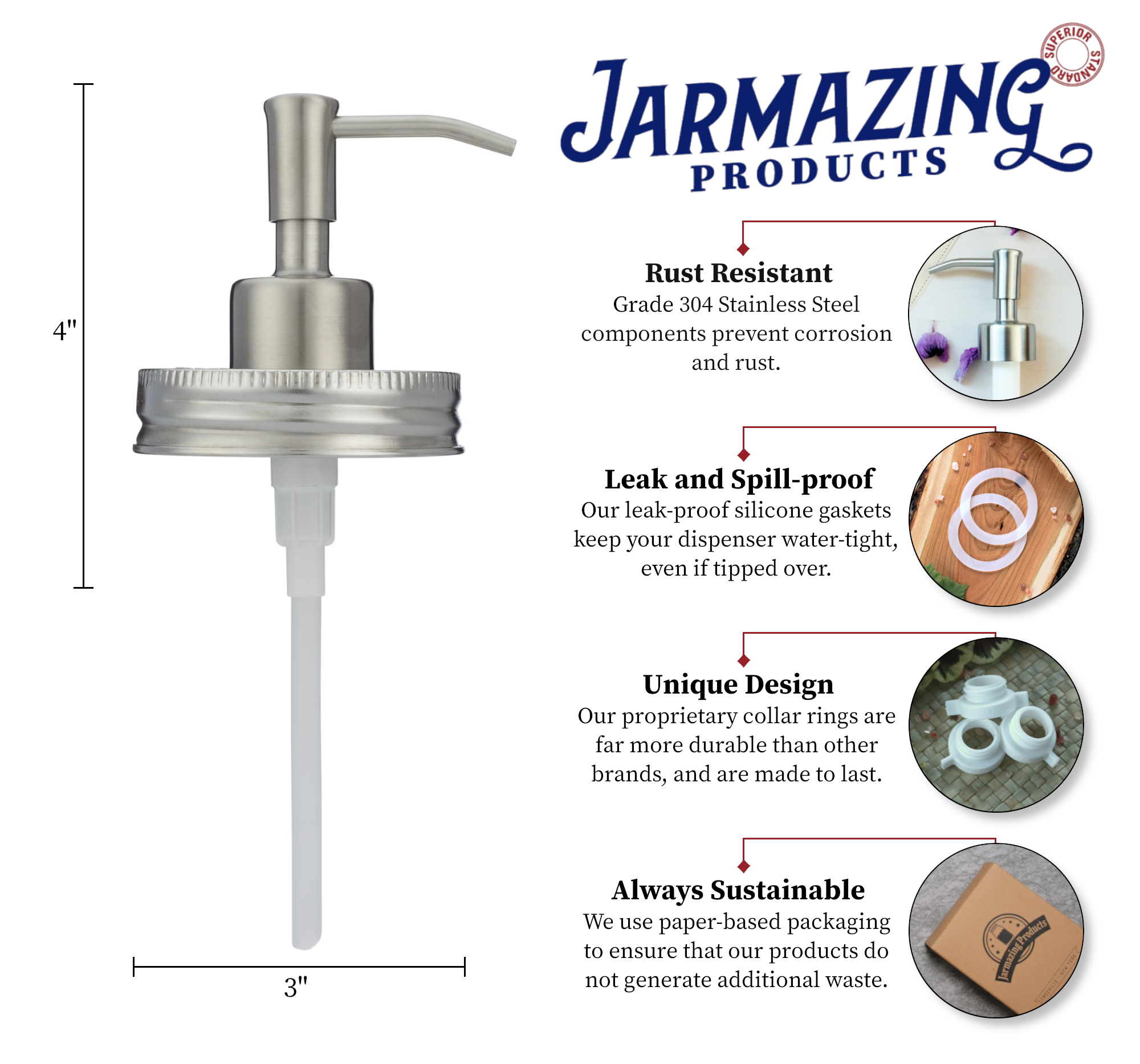 Stainless steel mason jar soap dispenser lid installed on jar