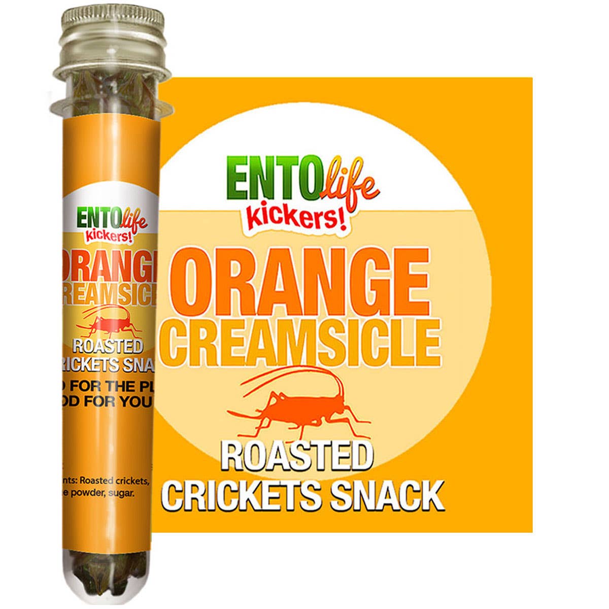 Mini-Kickers Orange Creamsicle Flavored Cricket Snacks front of bag