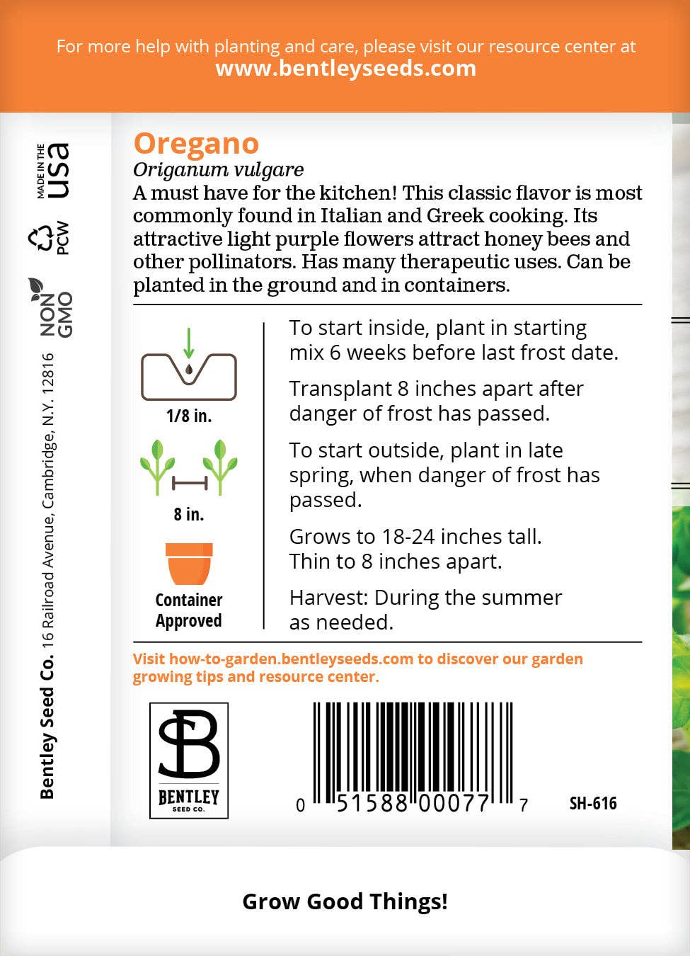 Oregano seed packet back with planting instructions