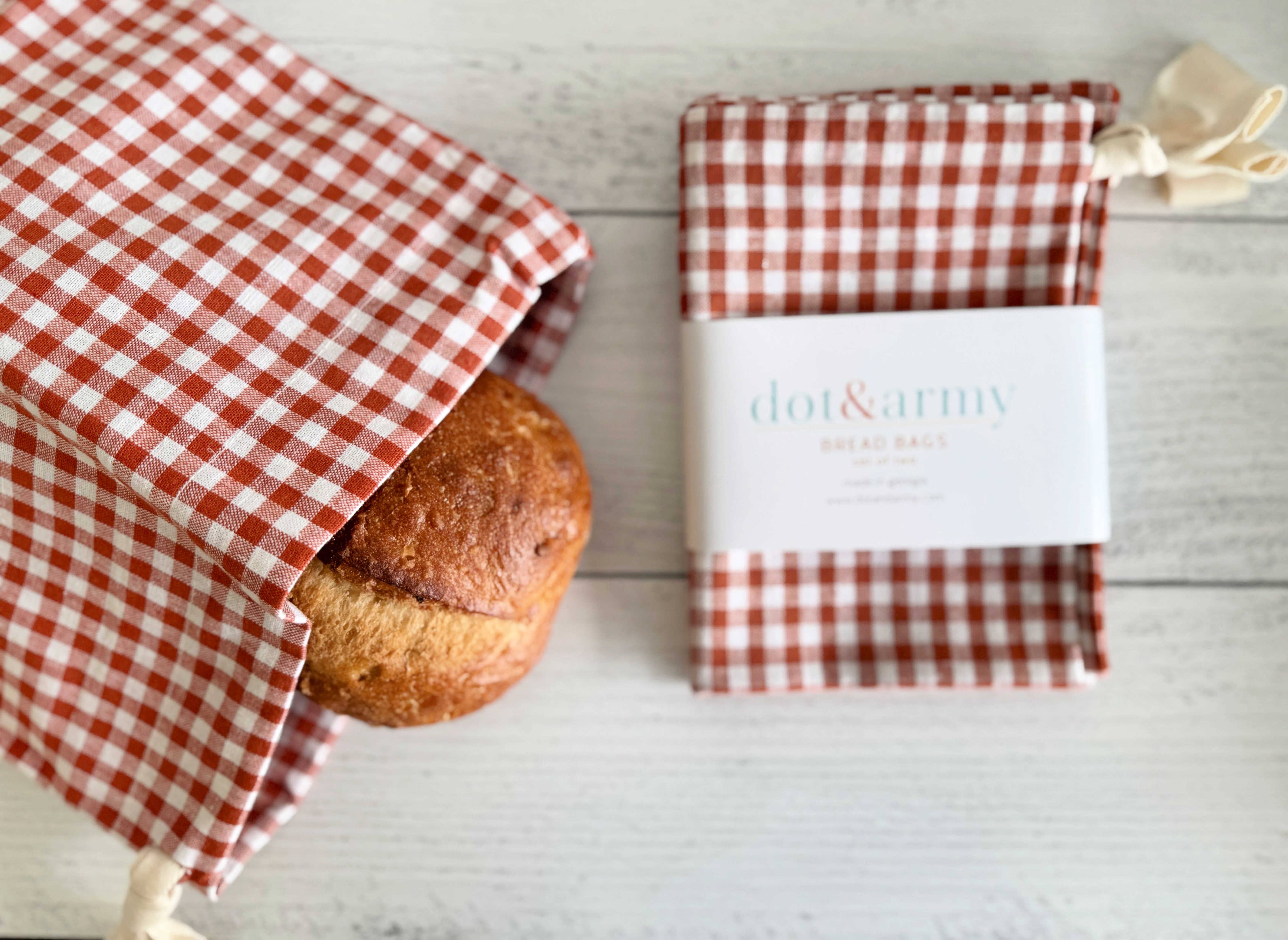 Linen Bread Bags, set of two- Papaya Check
