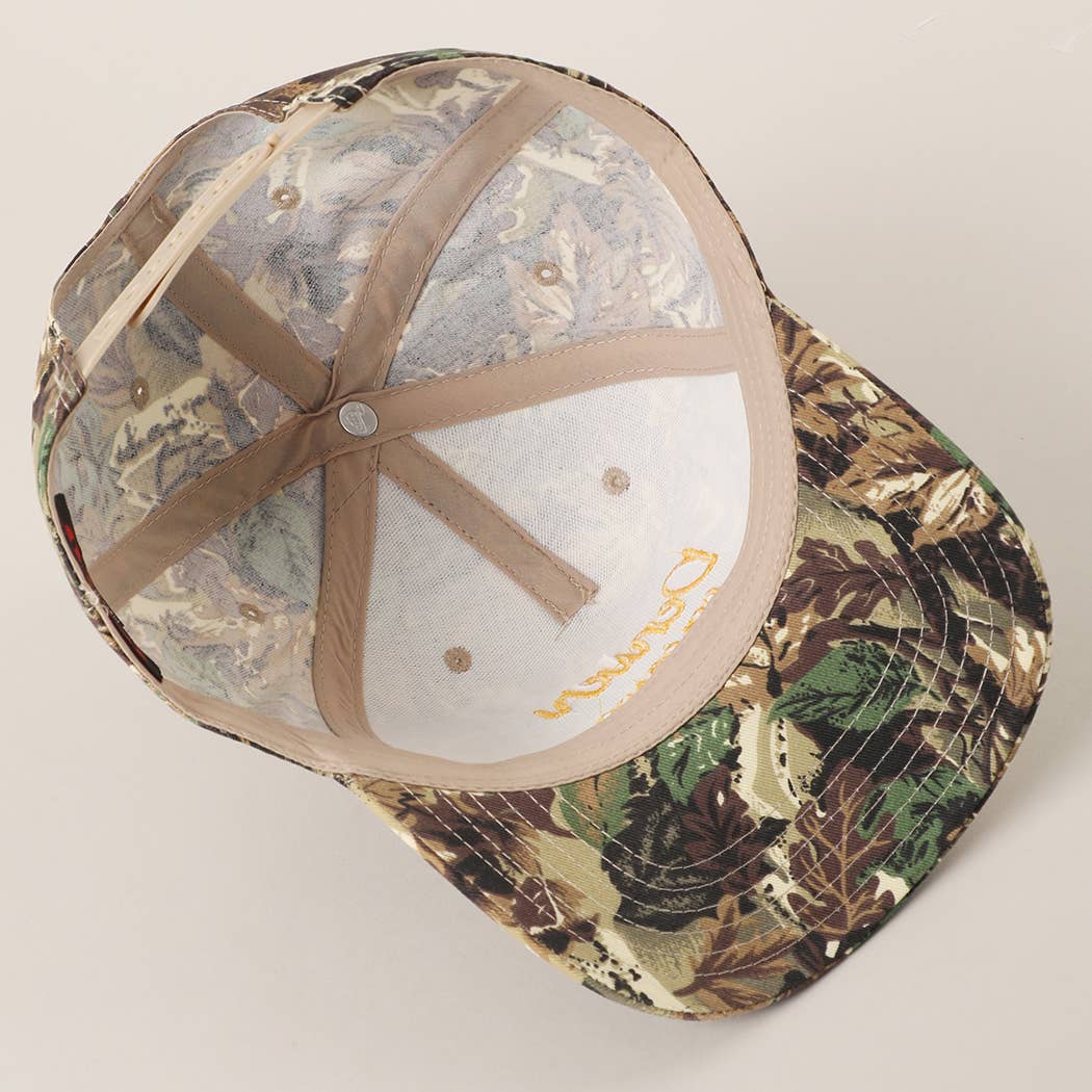 Custom camo embroidered hat close-up of embroidery detail