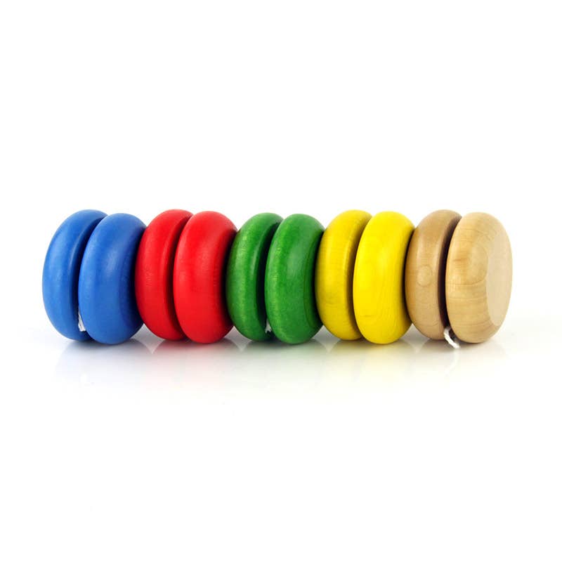 Classic wooden yo-yos displayed in multiple color options