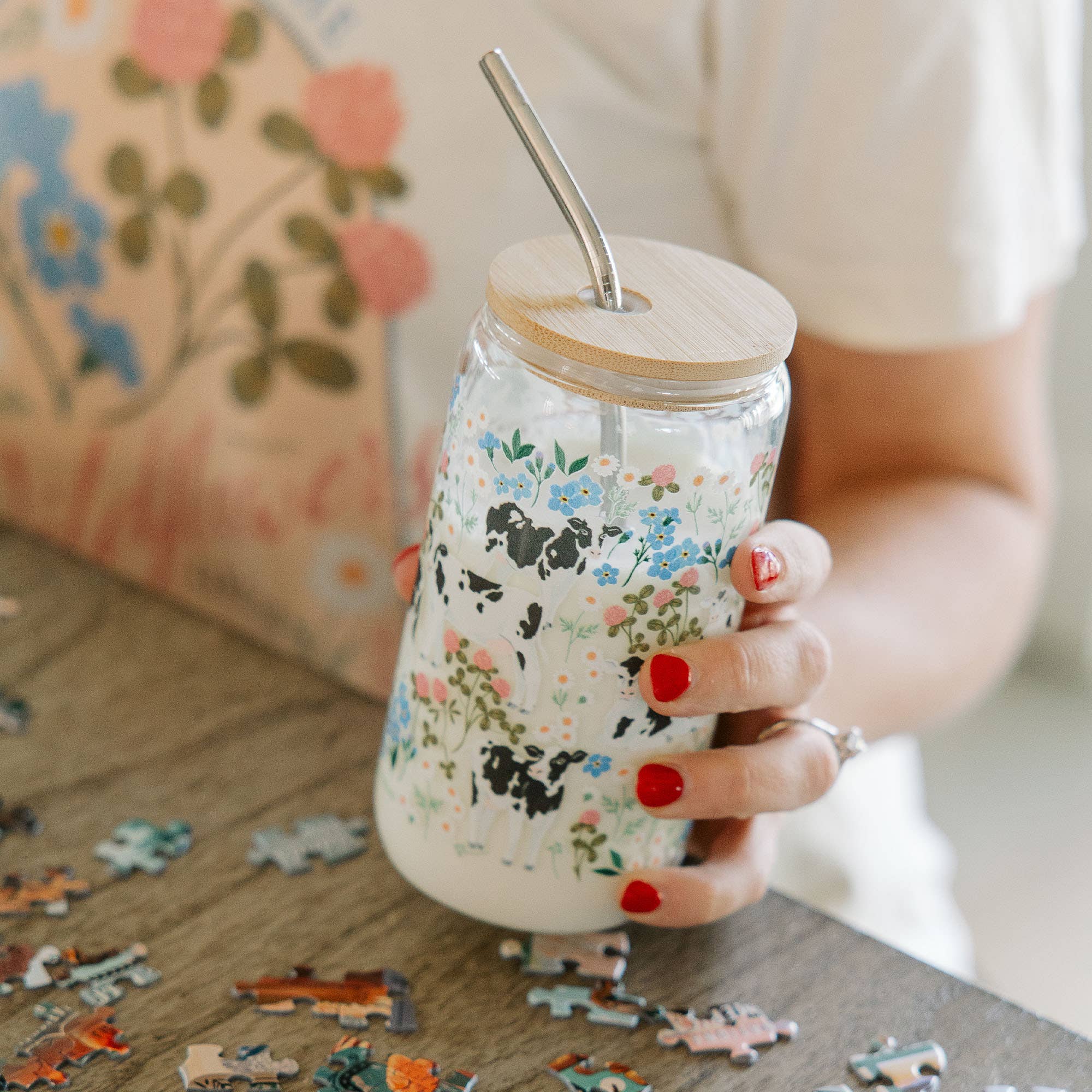 Milk Cows & Flowers Glass Can side view