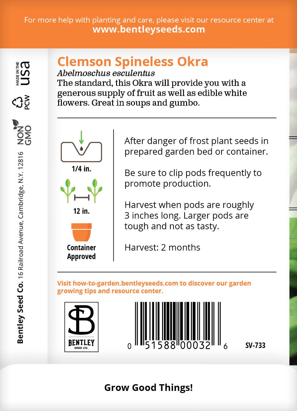 Clemson Spineless Okra seeds packet back with info