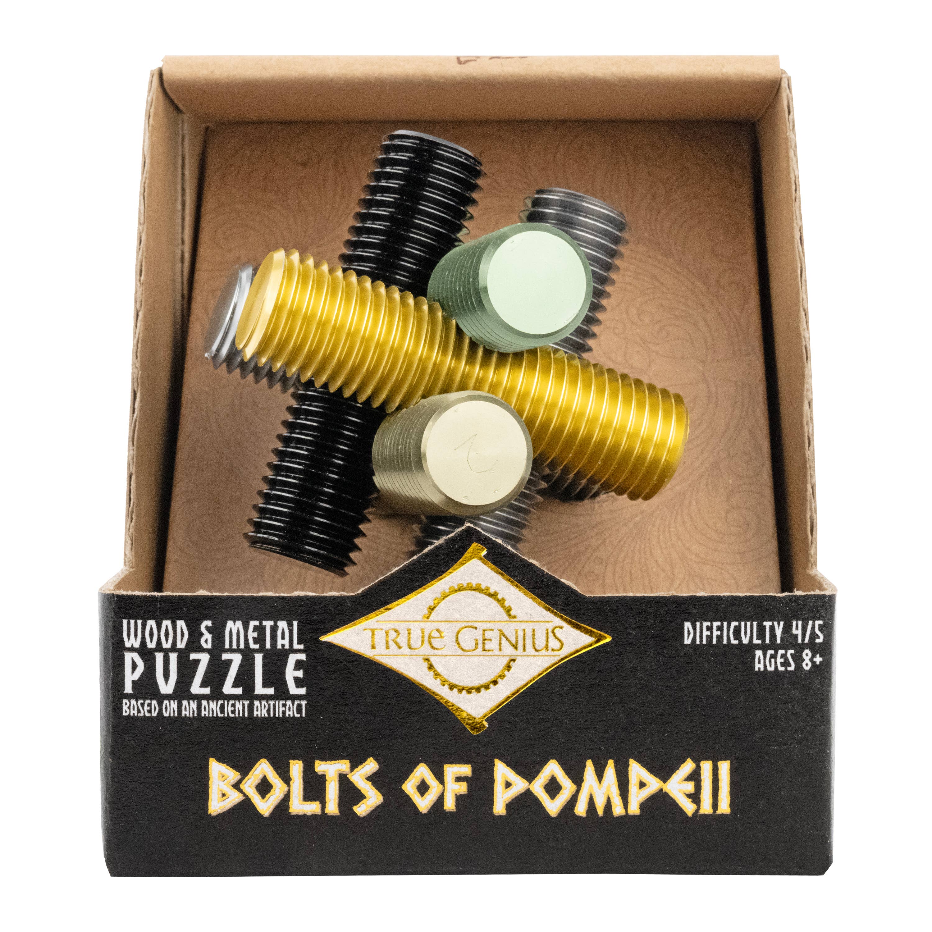 Bolts of Pompeii Brainteaser puzzle in packaging