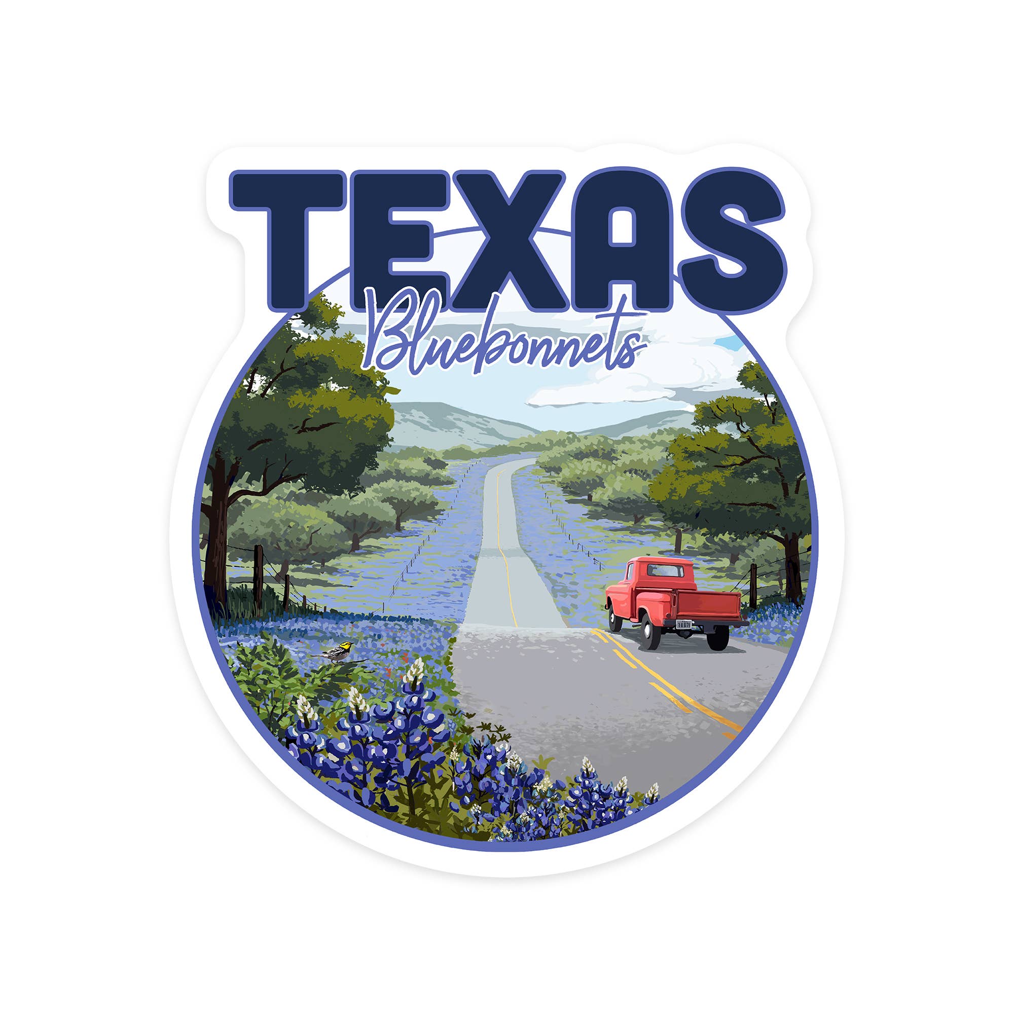 DIE CUT STICKER Texas, Bluebonnets & Highway, Circle