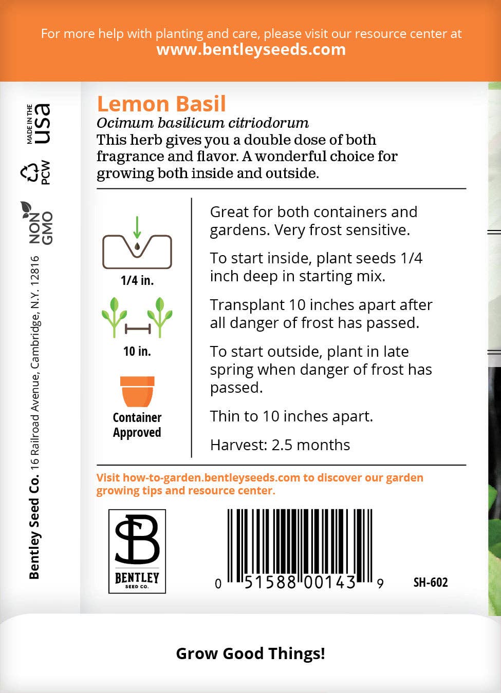 Brim Seed Co. Lemon Basil seed packet back with instructions
