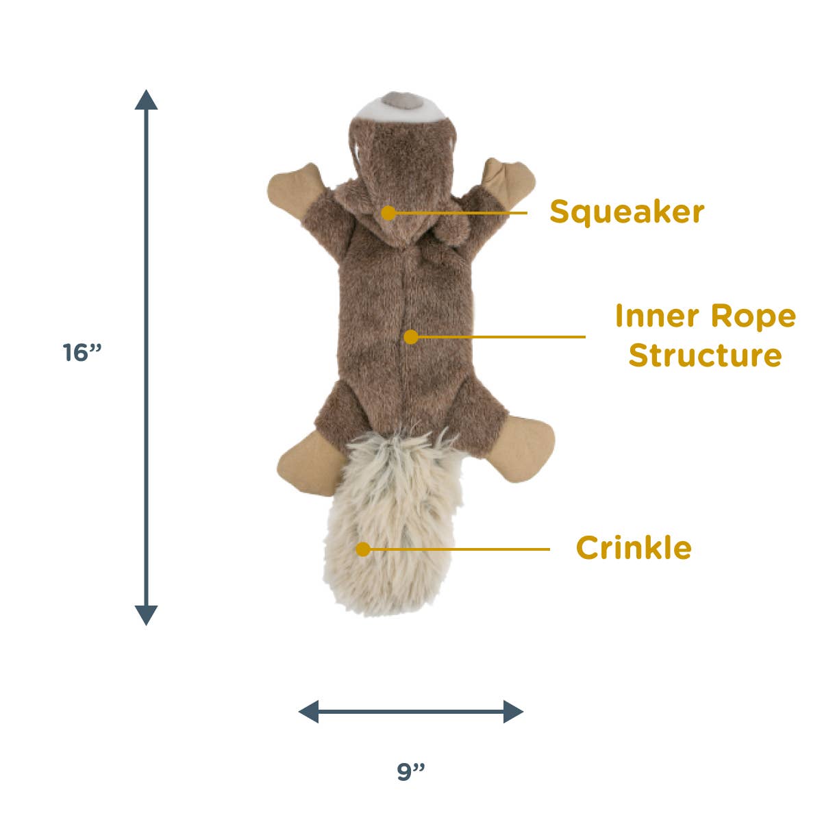 Stuffless Squirrel Squeaker Dog Toy side view