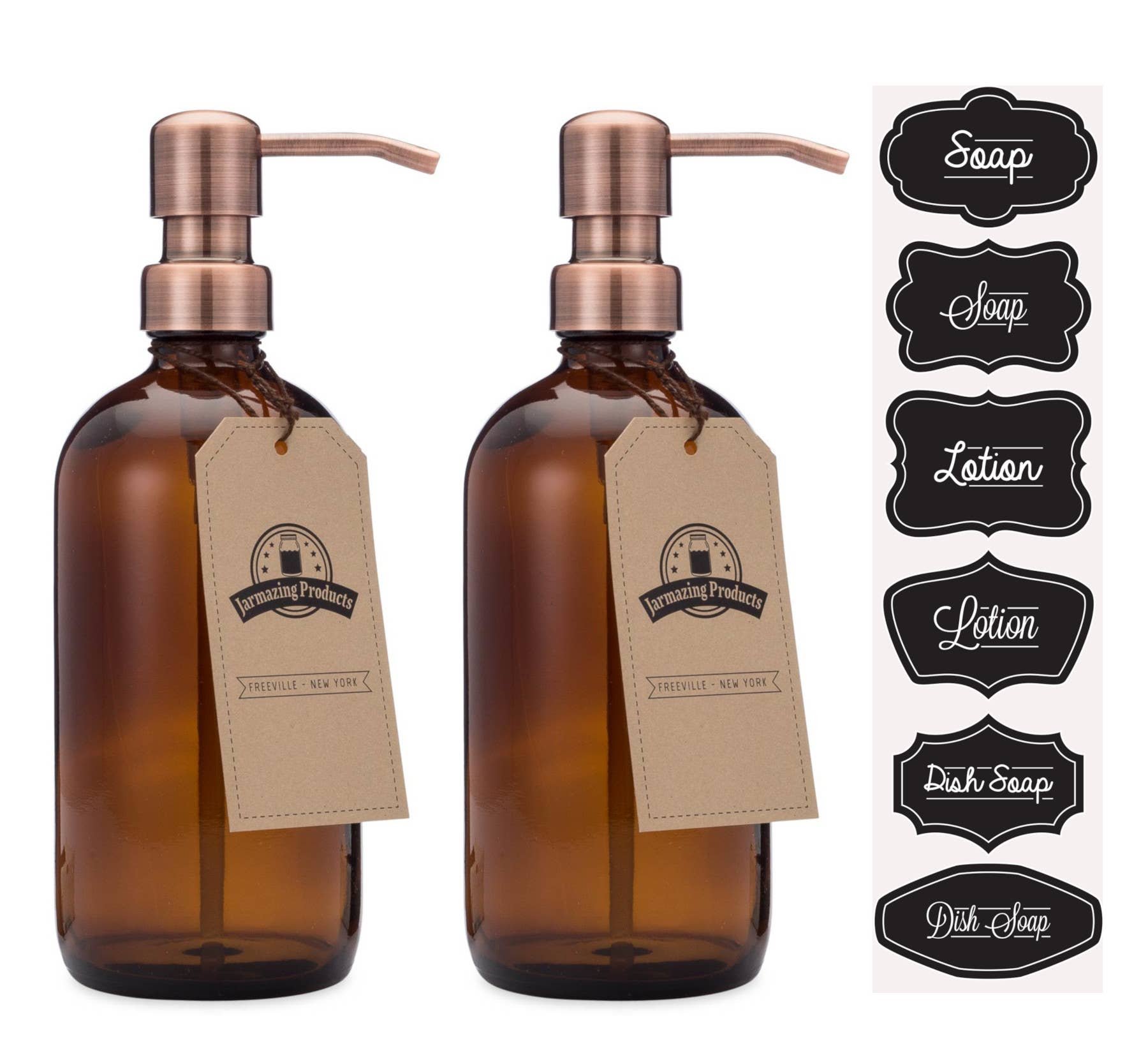 Amber glass 16oz soap and lotion dispenser in use