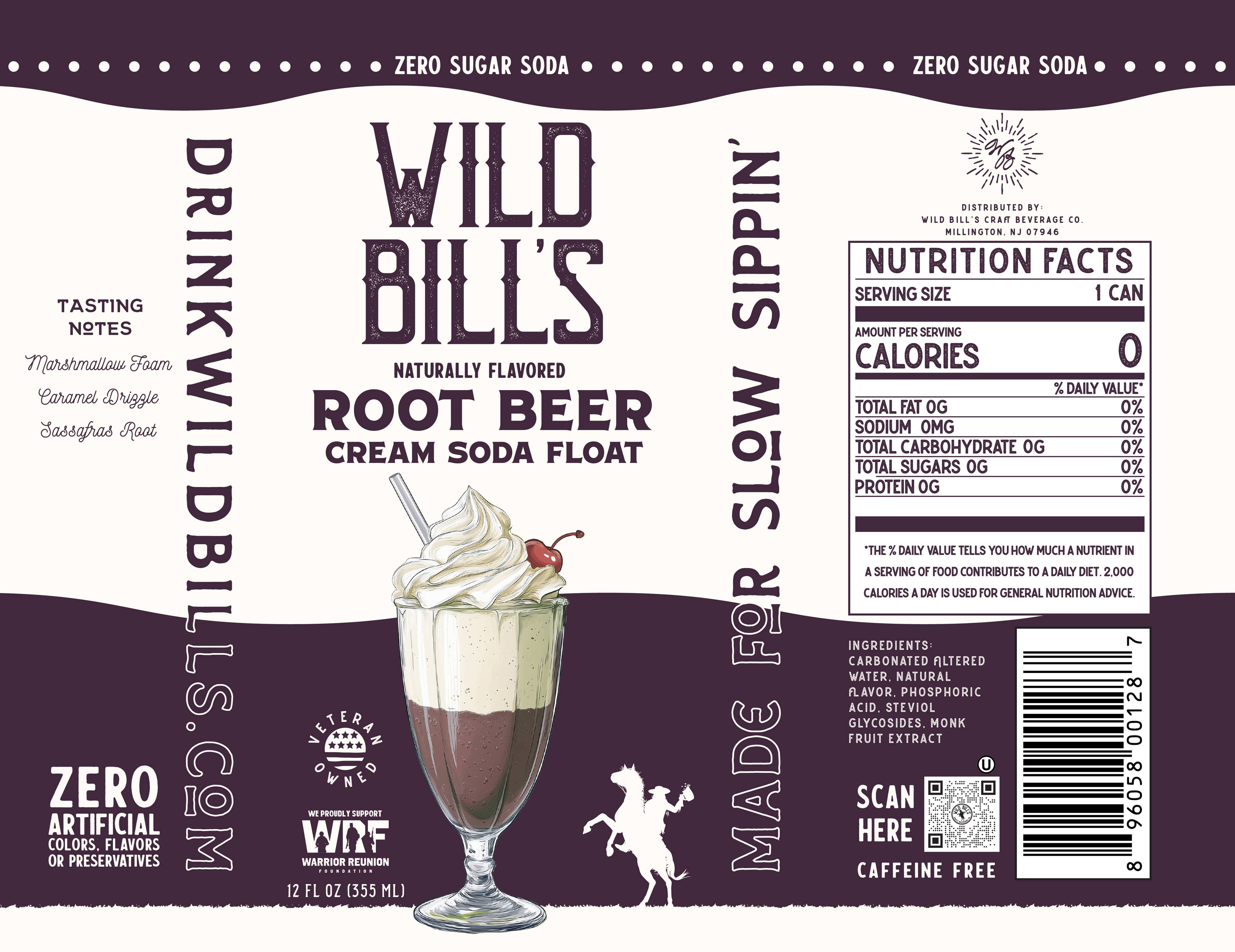Zero sugar root beer can with ingredient details