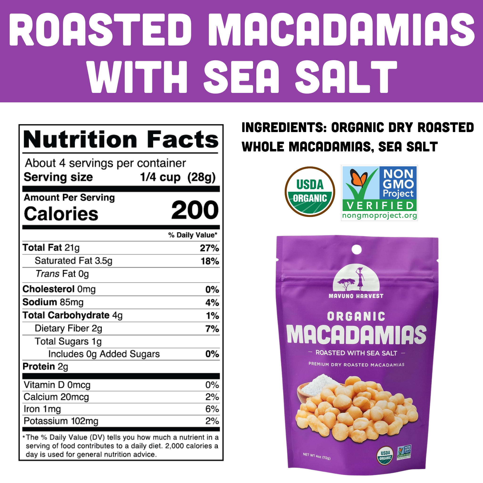 Organic dry roasted macadamias snack size package