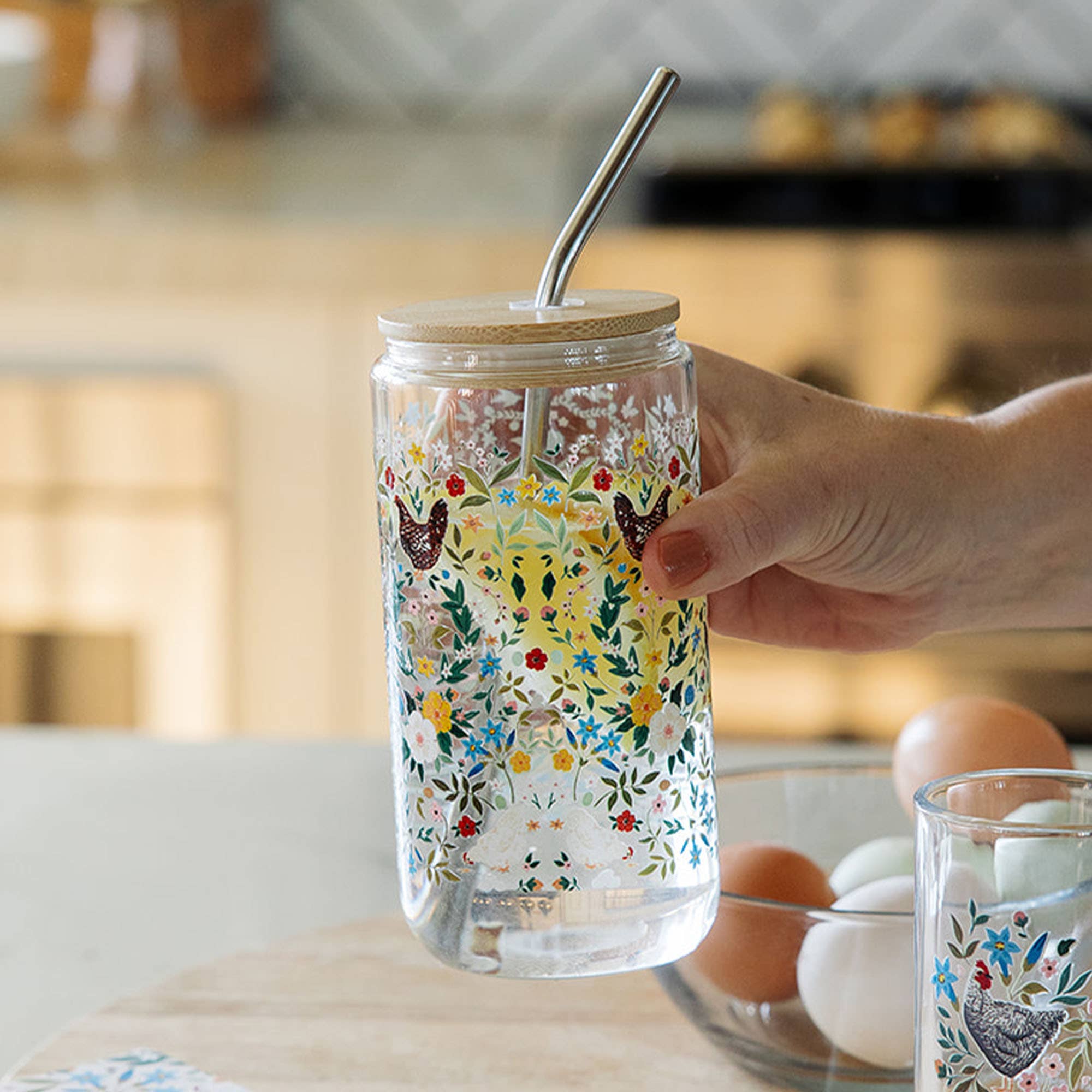Chickens & Flowers Glass Can with floral chicken design