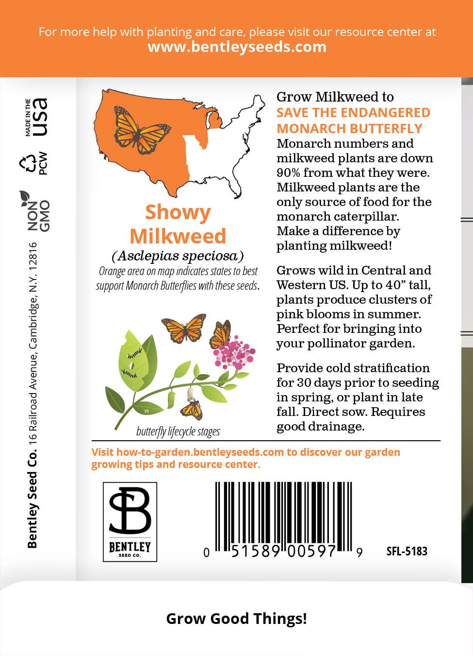 Showy Milkweed seed packet back with planting details