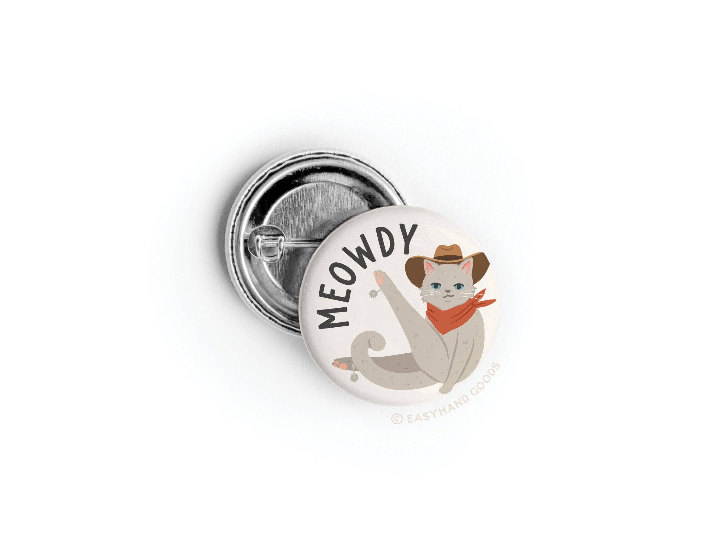 Meowdy button pin close-up detail