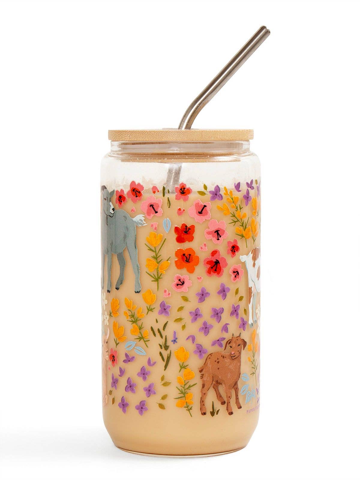 Goats and flowers glass can design detail closeup