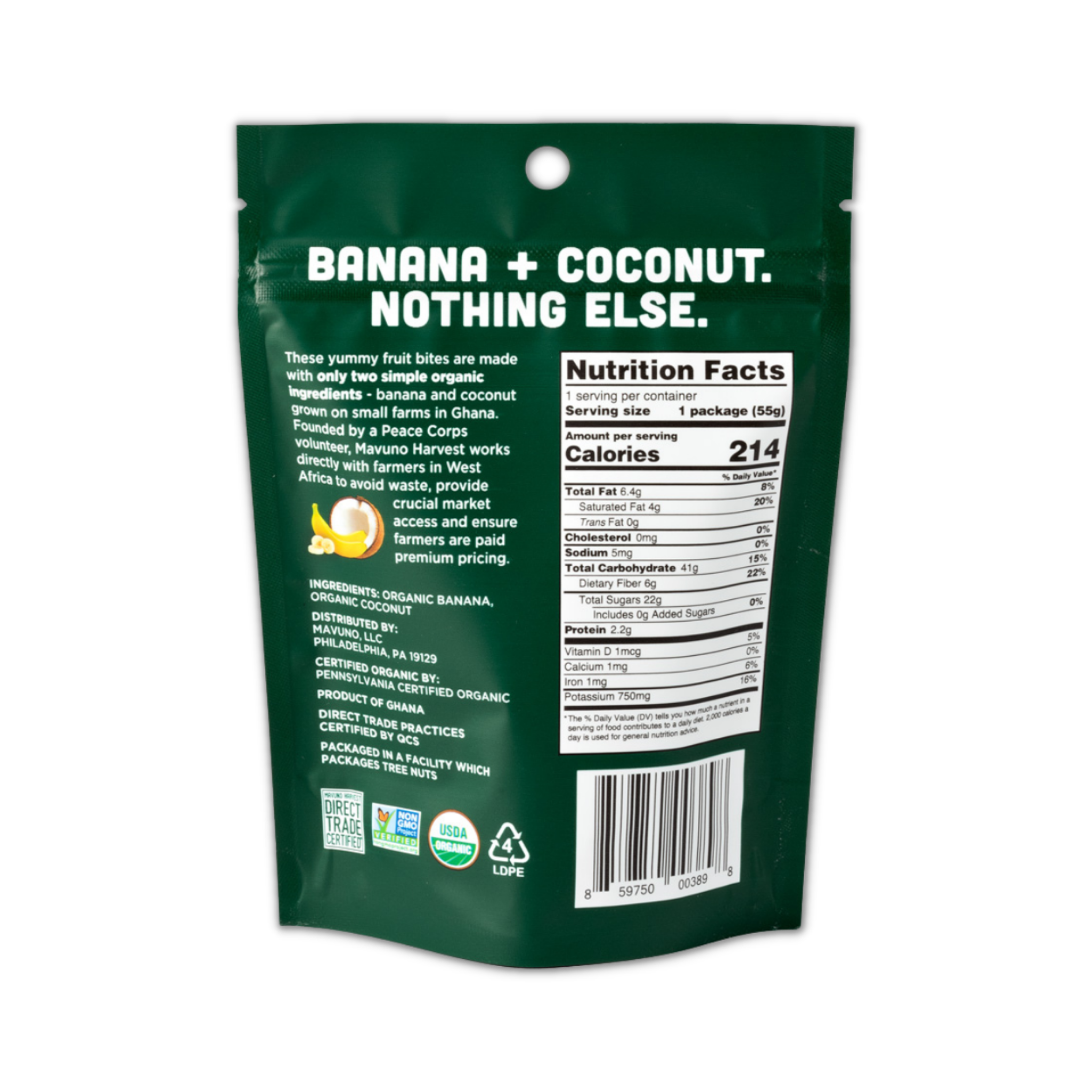 Organic banana and coconut fruit bites front label