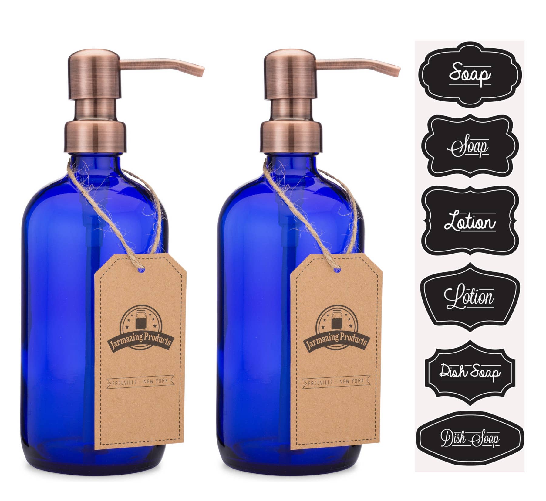 Cobalt glass lotion dispenser bottle angle view