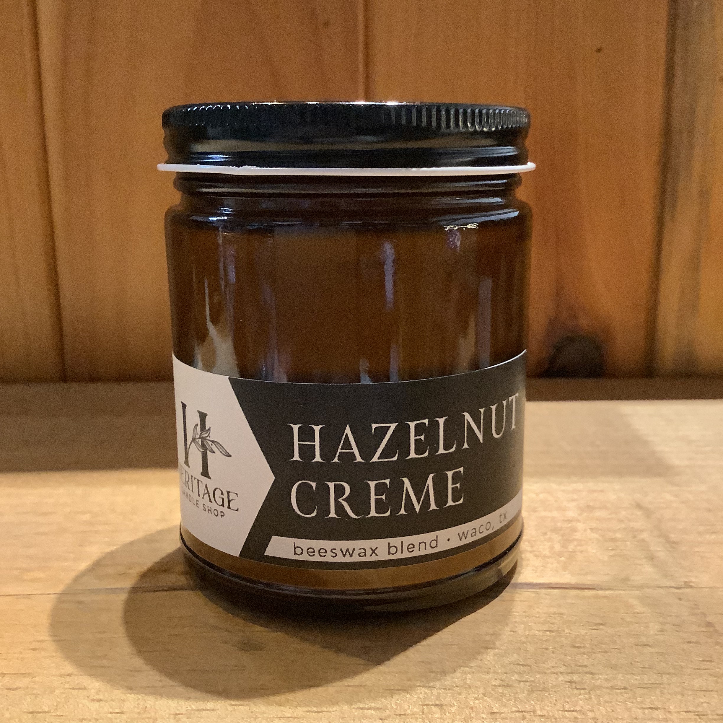 Heritage Candle Shop 9oz amber jar candle top view