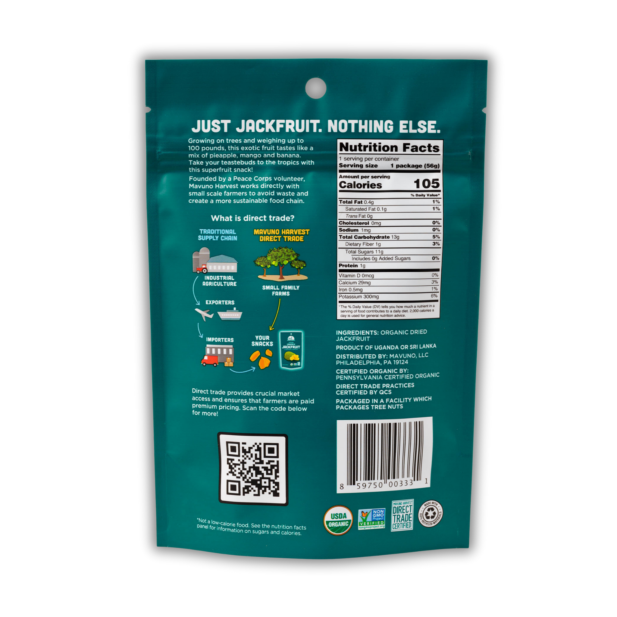 Organic dried jackfruit nutrition and ingredients label