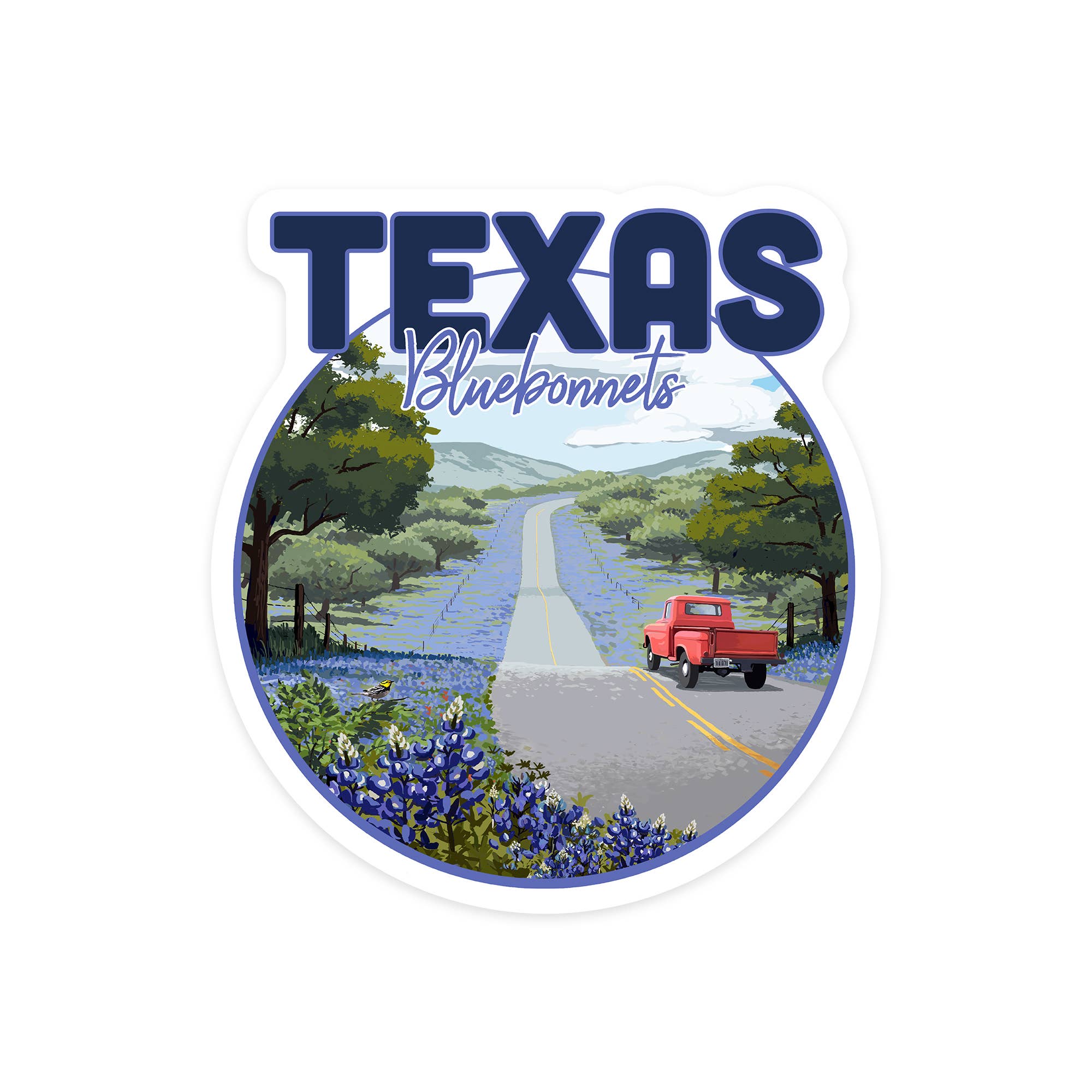 DIE CUT STICKER Texas, Bluebonnets & Highway, Circle