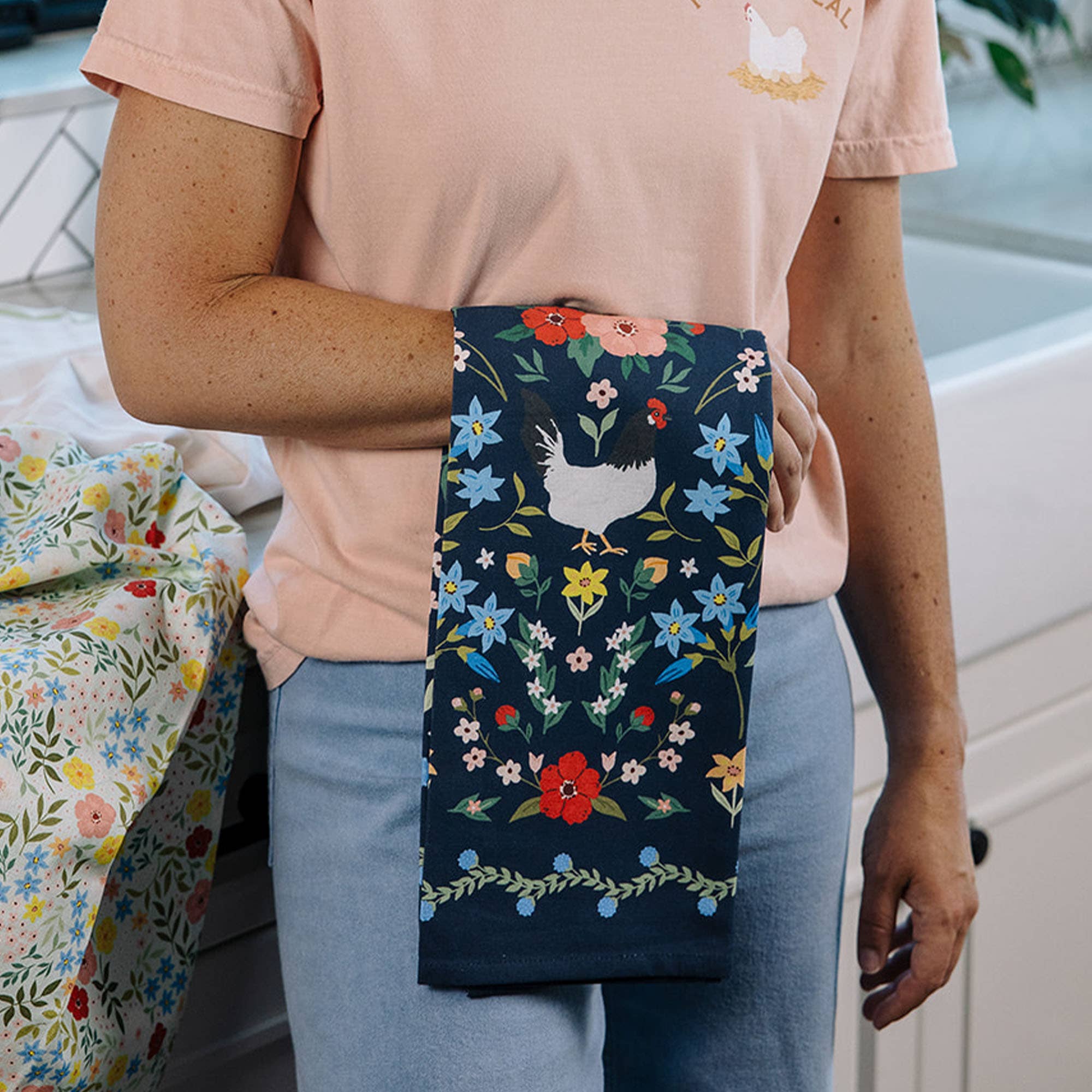 Chickens Folk Floral Tea Towel with colorful hen design
