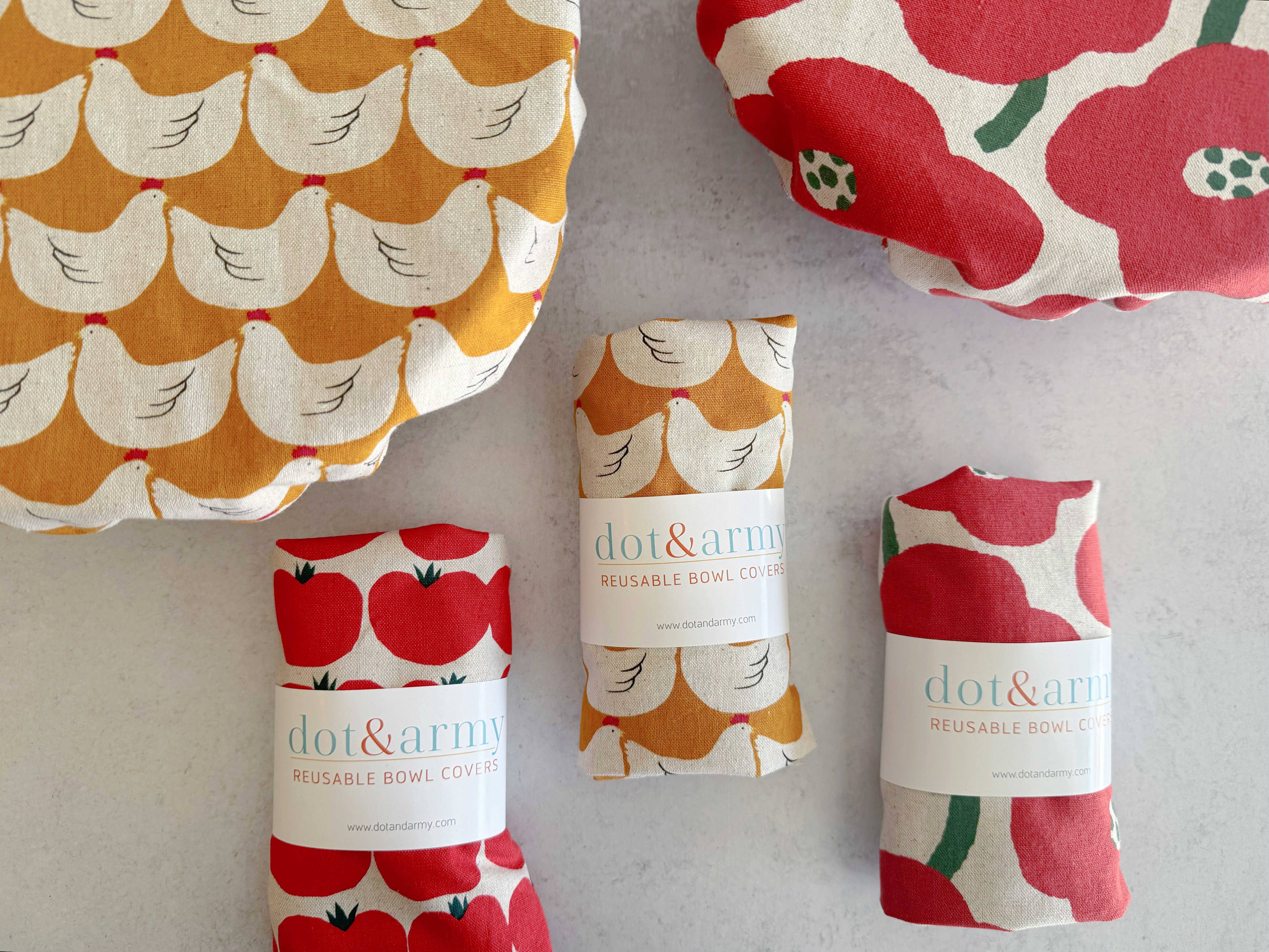 Reusable bowl covers in tomato poppy and chickens prints