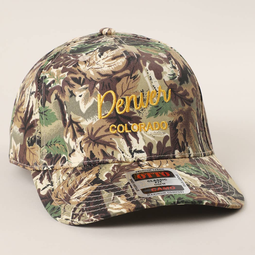 Camo hat with custom embroidered city and state lettering