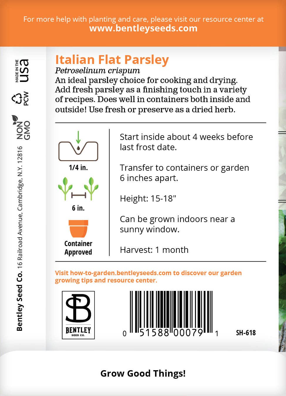 Parsley Plain Italian seed packet back with planting details