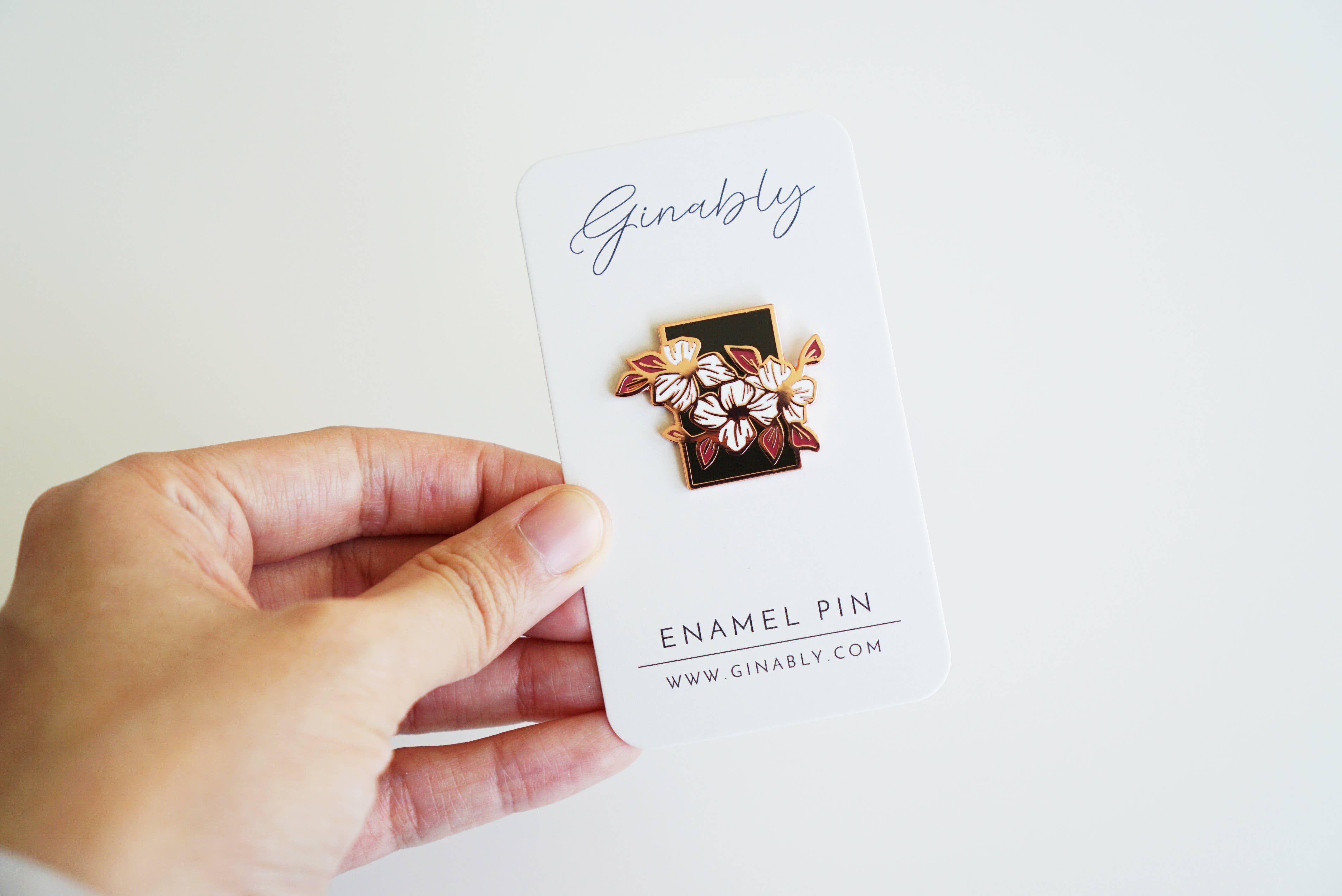 Black and White Floral Copper Plated Enamel Pin