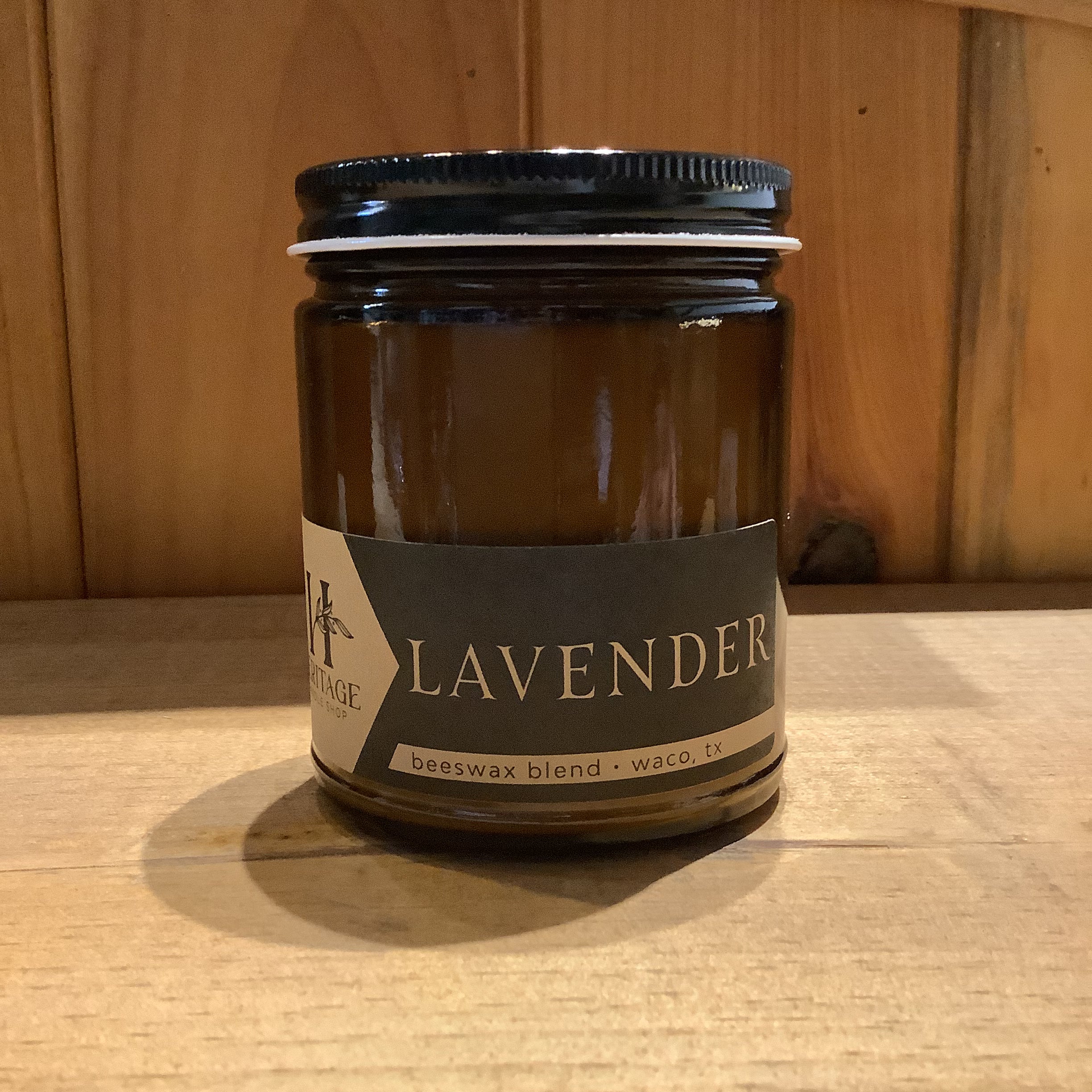 Heritage Candle Shop 9oz amber jar candle detail