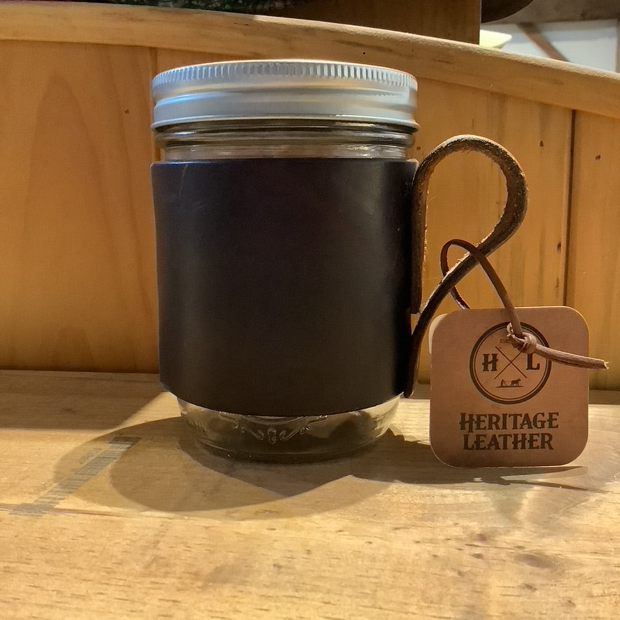 Heritage Leather wrapped Mason jar sleeve