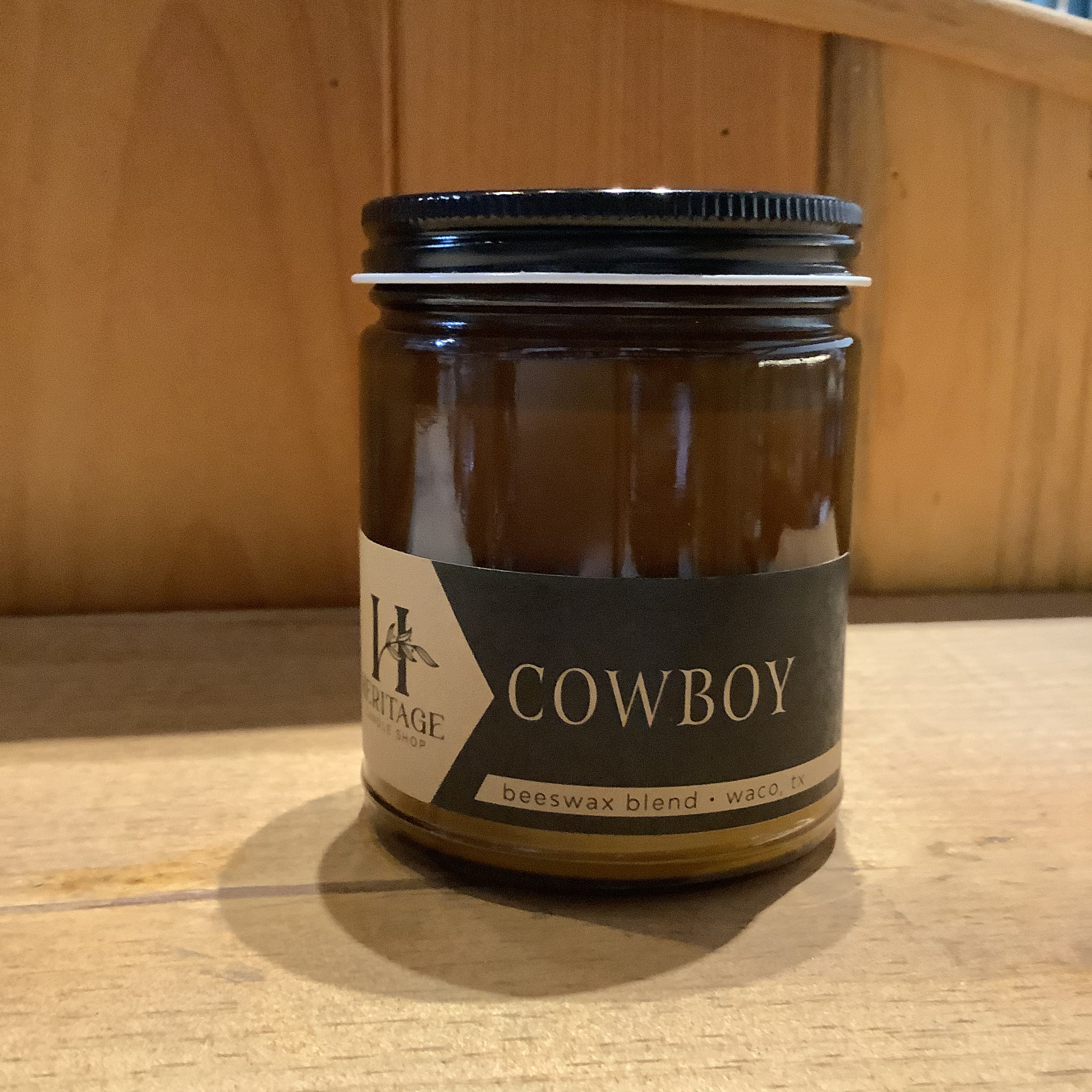 Heritage Candle Shop 9oz amber jar candle display