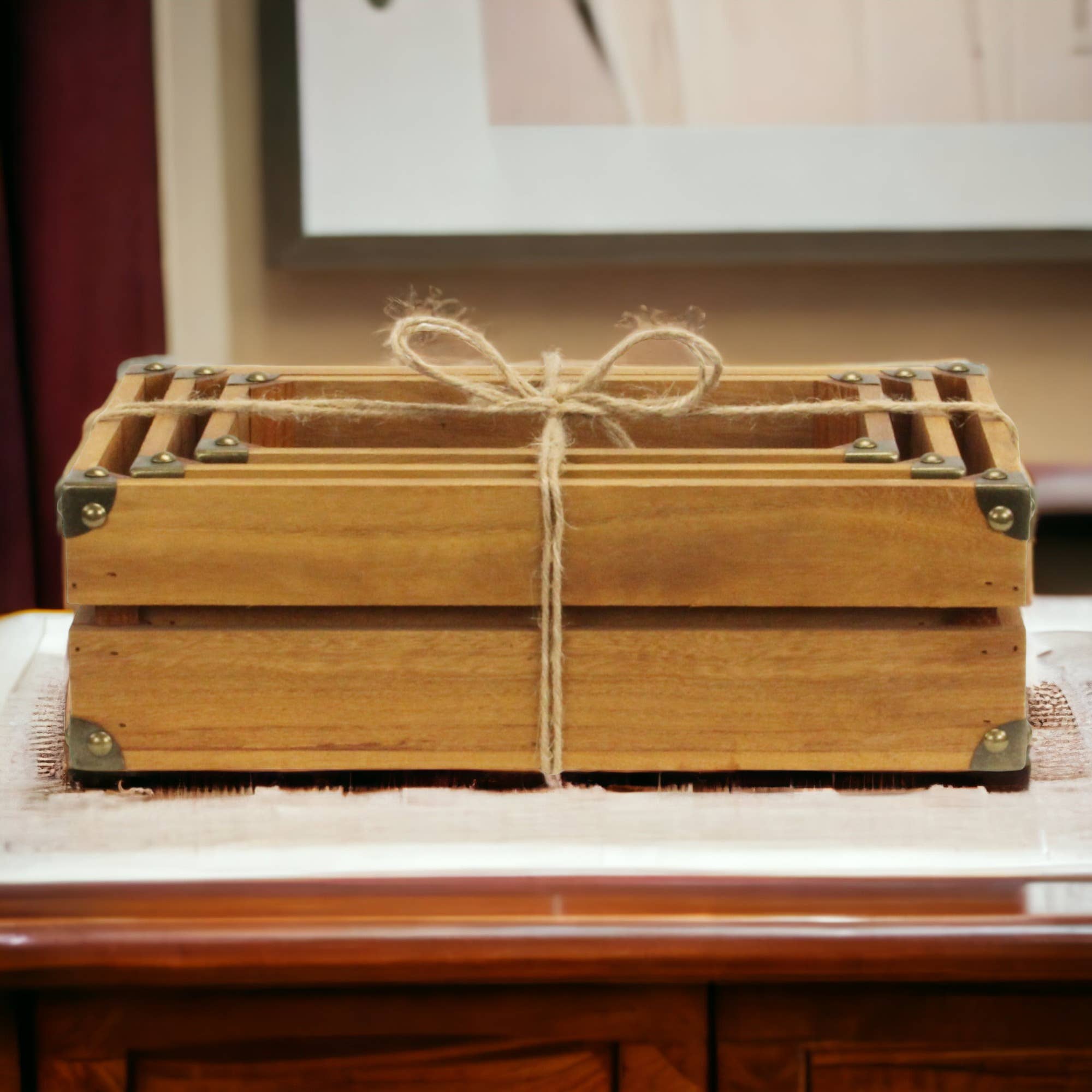 Rustic Farmstead Studded Rectangular Wood Crate Set