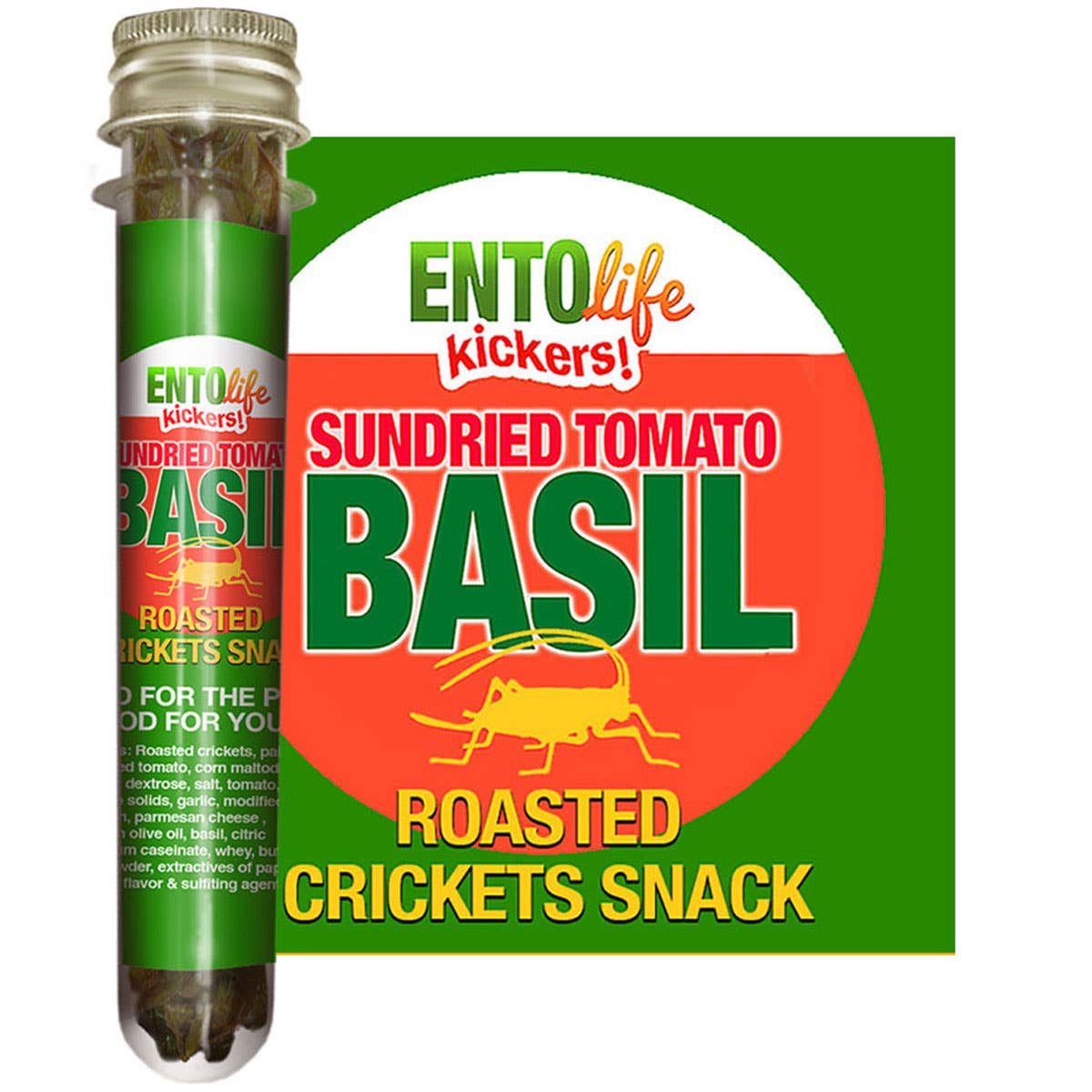 Mini-Kickers Sun Dried Tomato Flavored Cricket Snacks front of bag