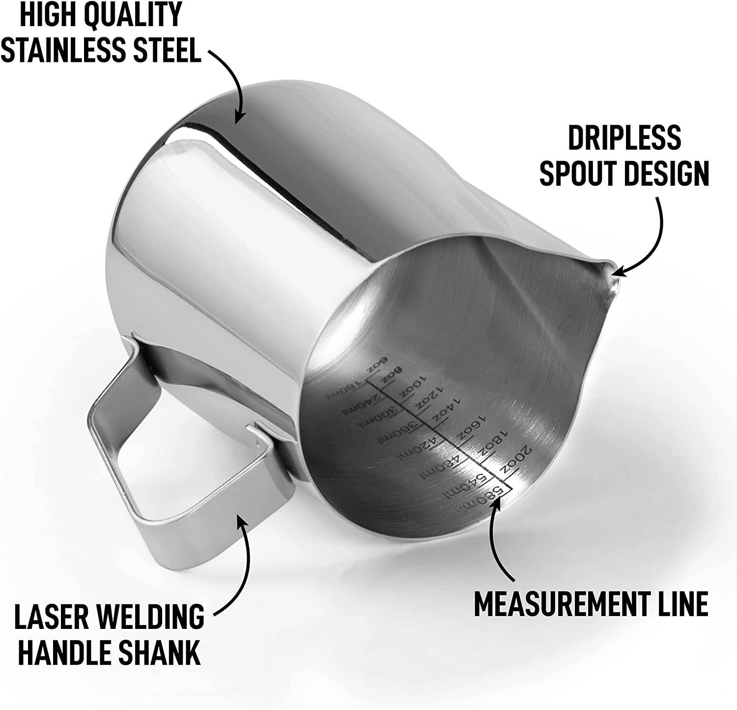 Stainless Steel Frothing Pitcher with Measurements