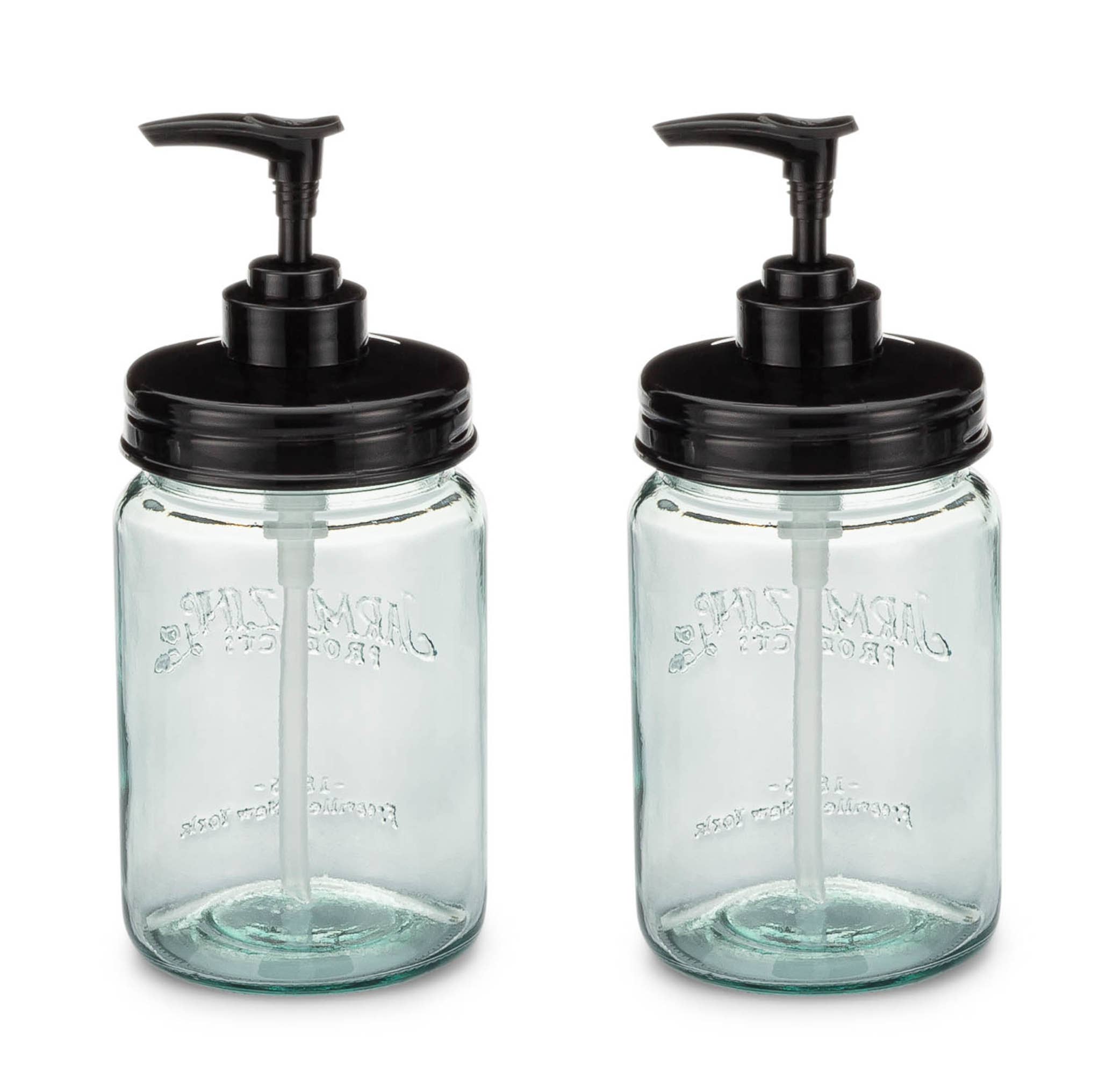Blue glass mason jar plastic soap dispenser in use