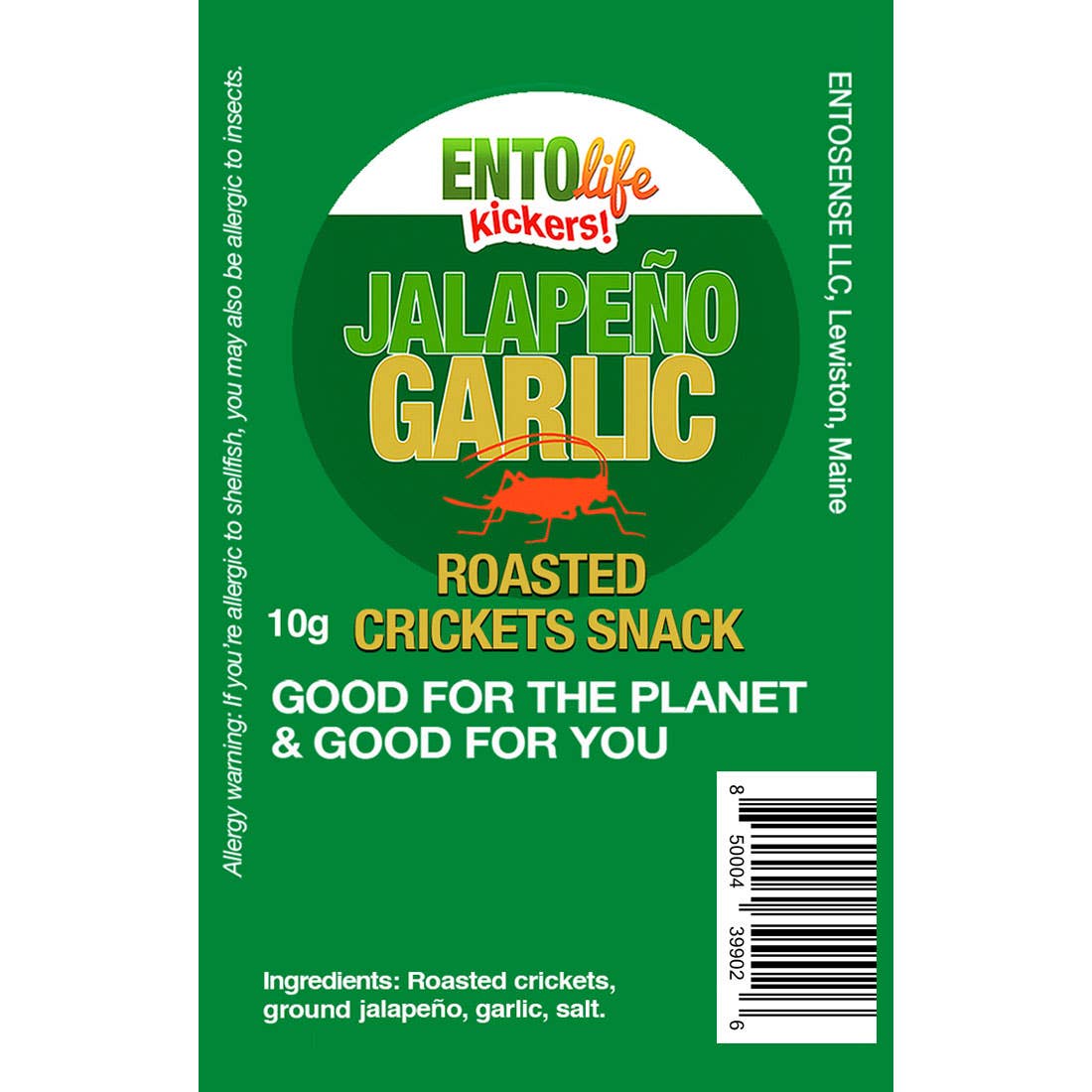 Mini-Kickers Jalapeno Garlic Flavored Cricket Snacks back of bag