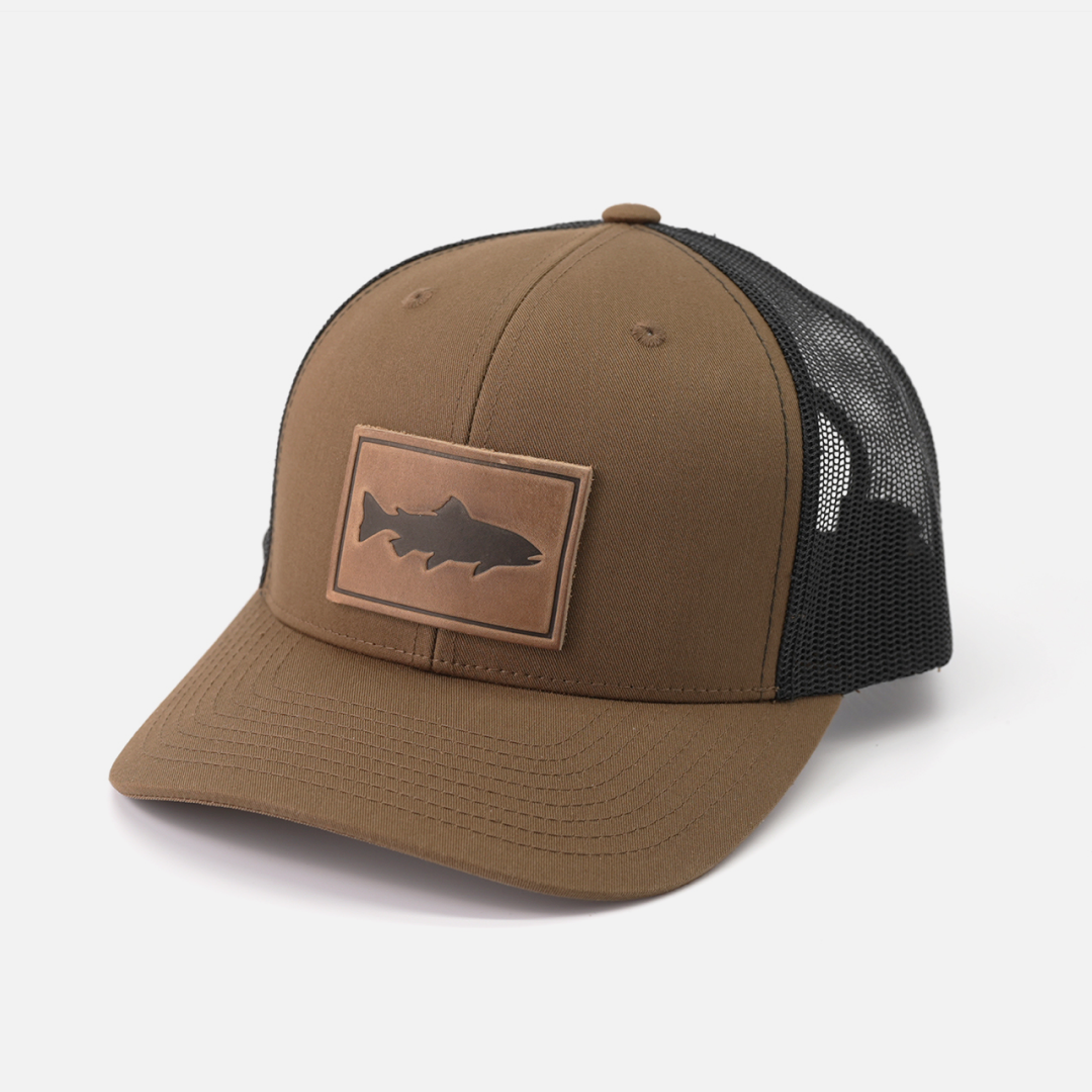 Trout leather patch trucker cap side view