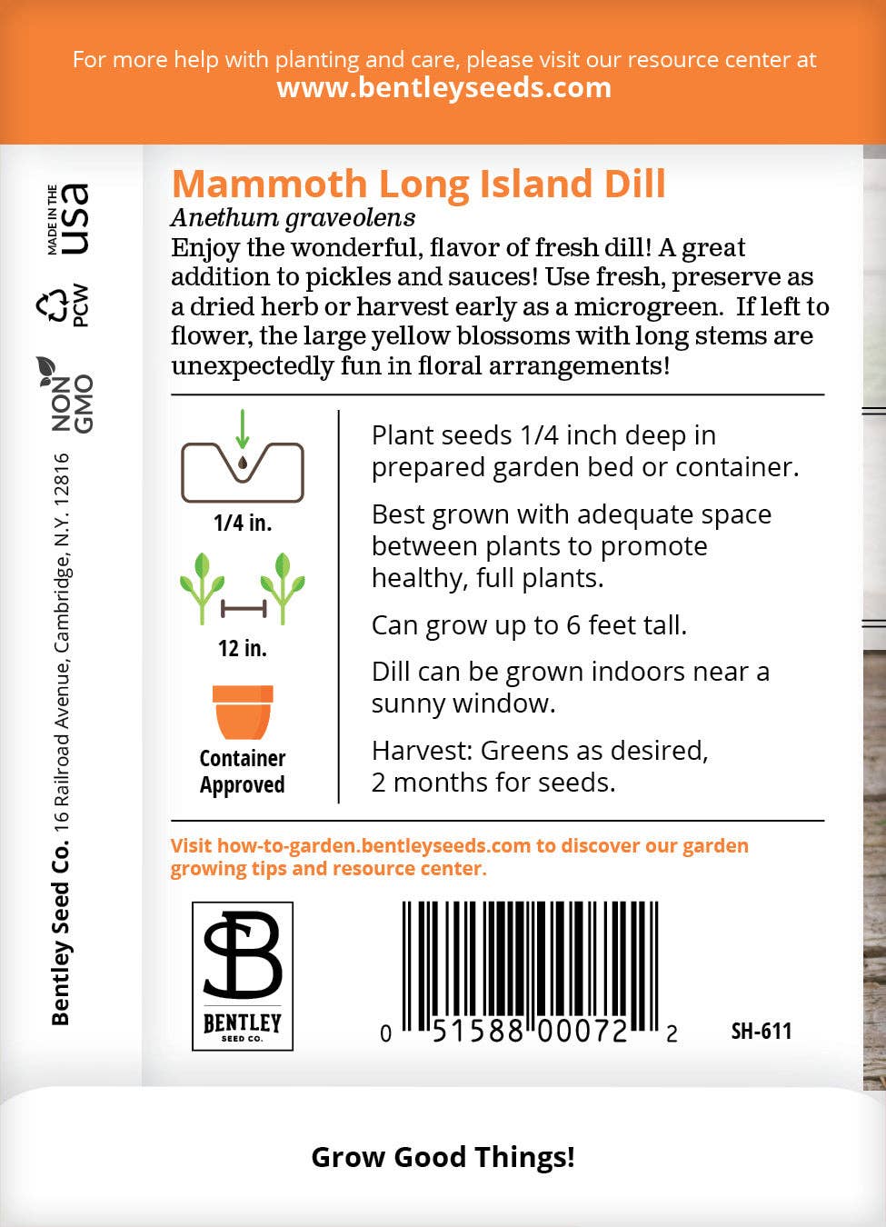 Dill Long Island Mammoth seed packet back with planting info