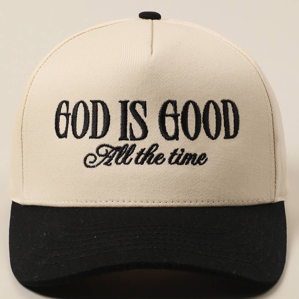 God Is Good All The Time embroidery trucker hat side view