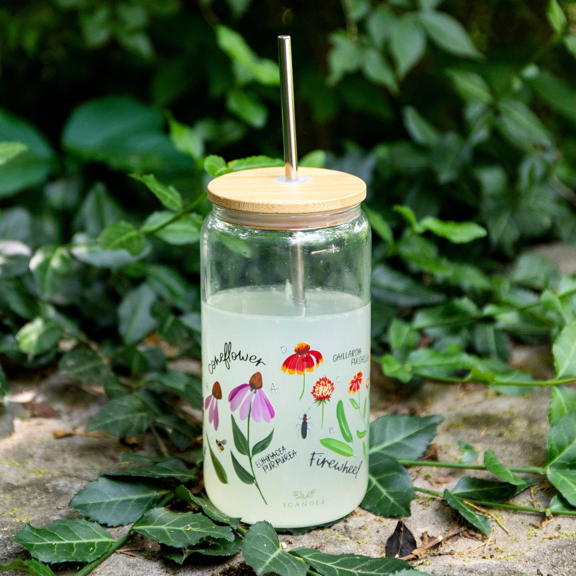 Wildflower Botanicals Glass Can floral design detail