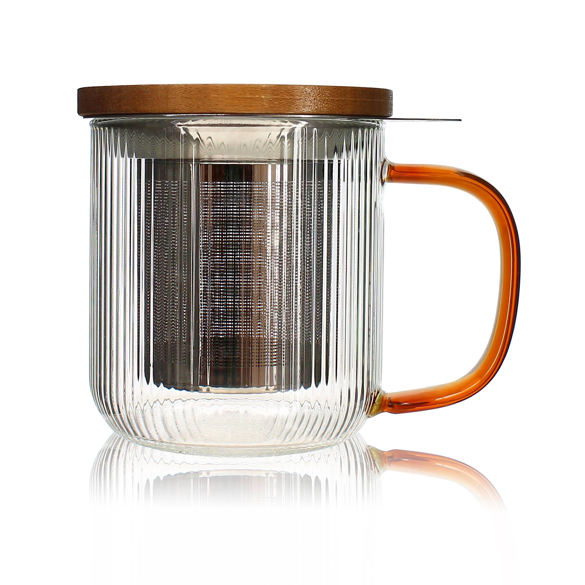 Karl glass tea pot with amber handle side view